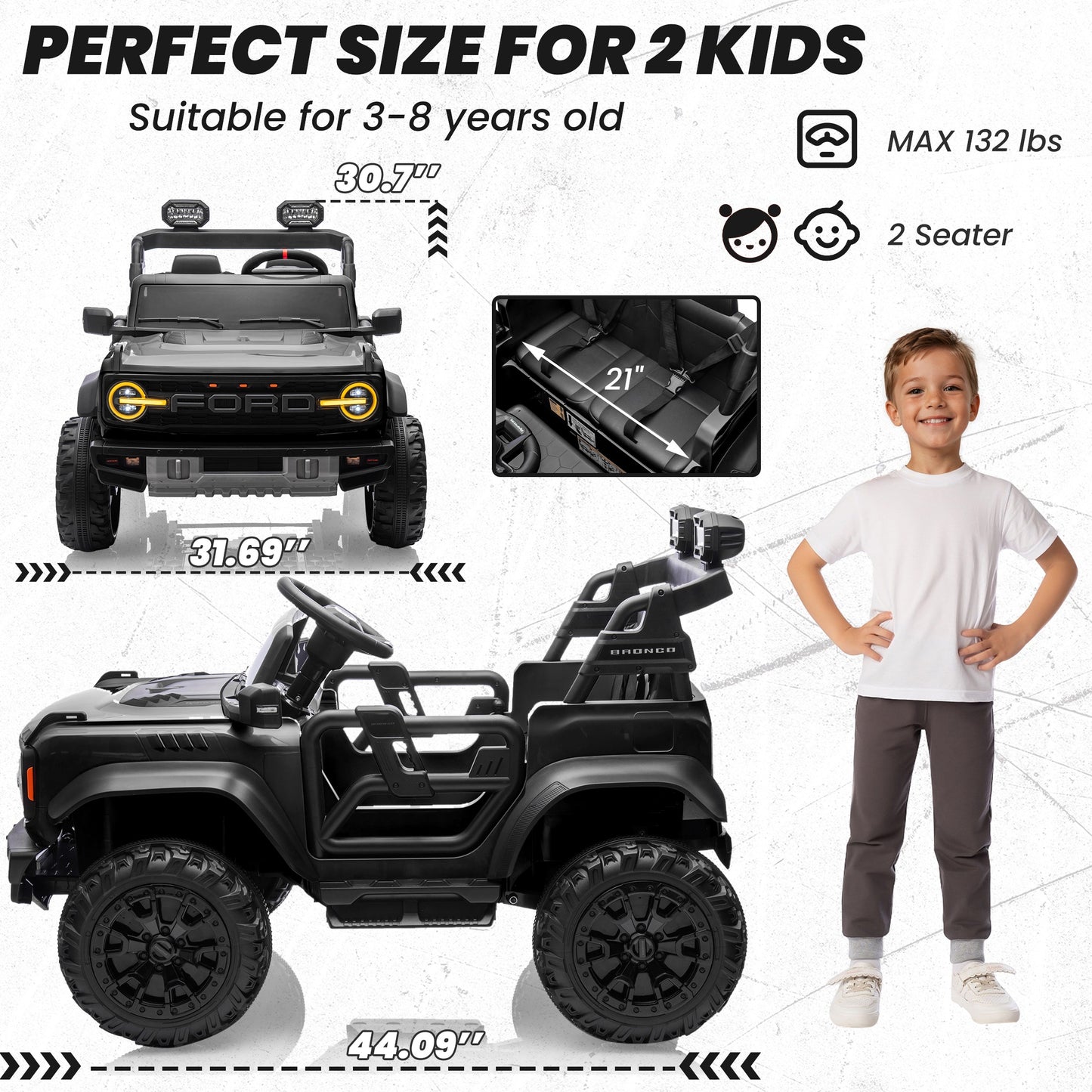 24V 2 Seater Ride on Cars, Licensed Ford Bronco Raptor Powered Ride on Toy Truck with Remote Control, Electric Car for Kids 3-8 Gifts with Bluetooth/LED Light/Spring Suspension, 4 Wheelers, Black