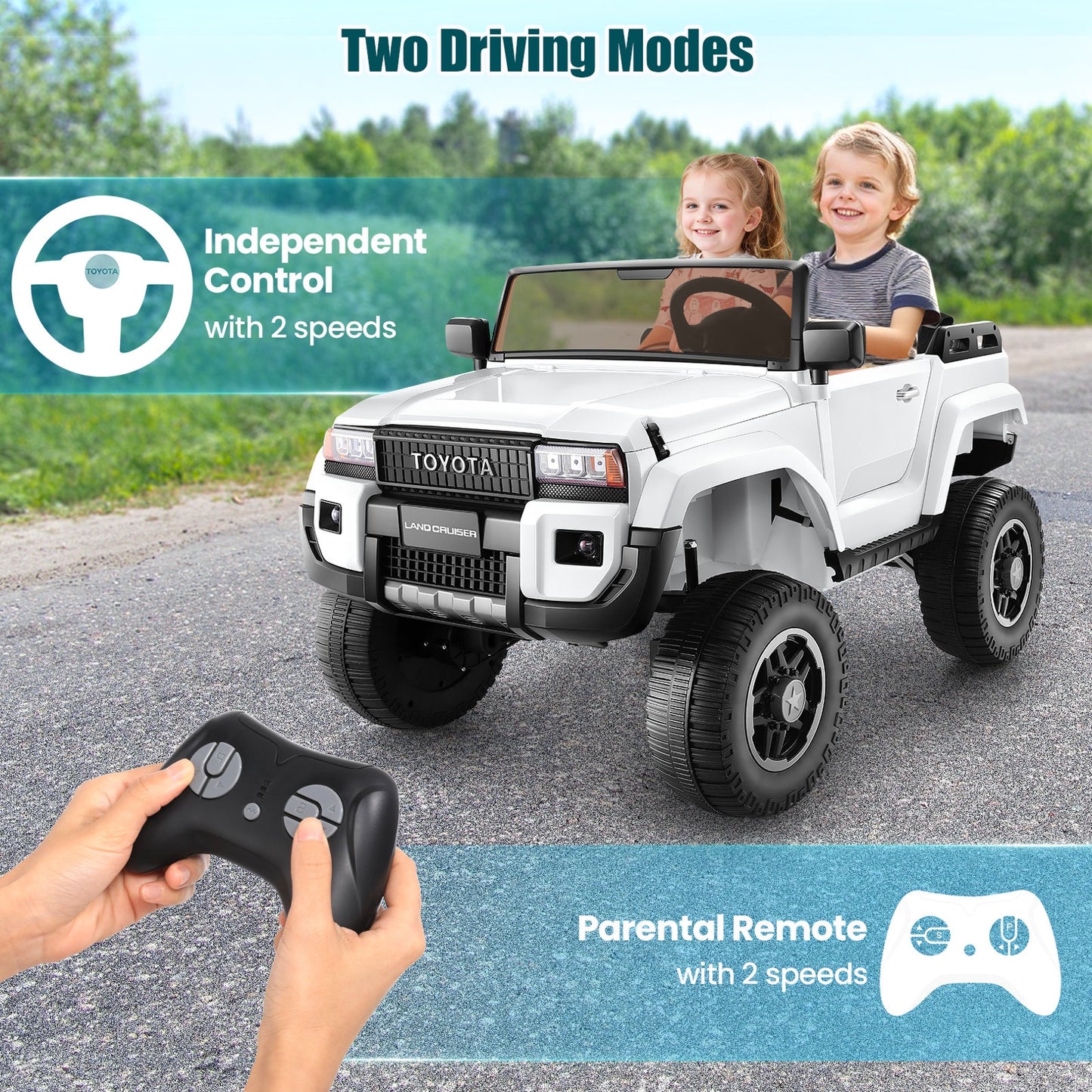 24V 2 Seater Ride on Cars, Licensed Toyota LC250 Powered Ride on Toy Truck with Remote Control, Kids Cars Electric Vehicles for Kids 3-8 Gifts with Bluetooth/Music/USB Ports/Shovel, 4 Wheelers, White