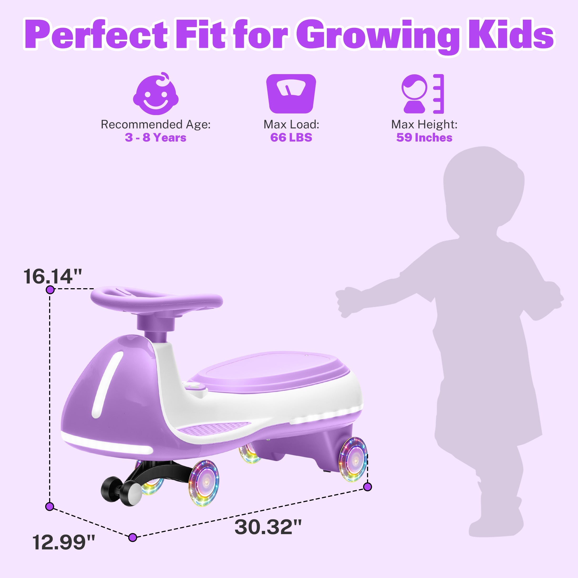 12V Electric Wiggle Car for Kids, Toddlers Ride on Toys with Pedal, Display, Flashing PU Wheels, LED Light, Bluetooth Music, Max Speed 5 MPH, Kids Ride on Cars for Boys Girls 3+, Purple