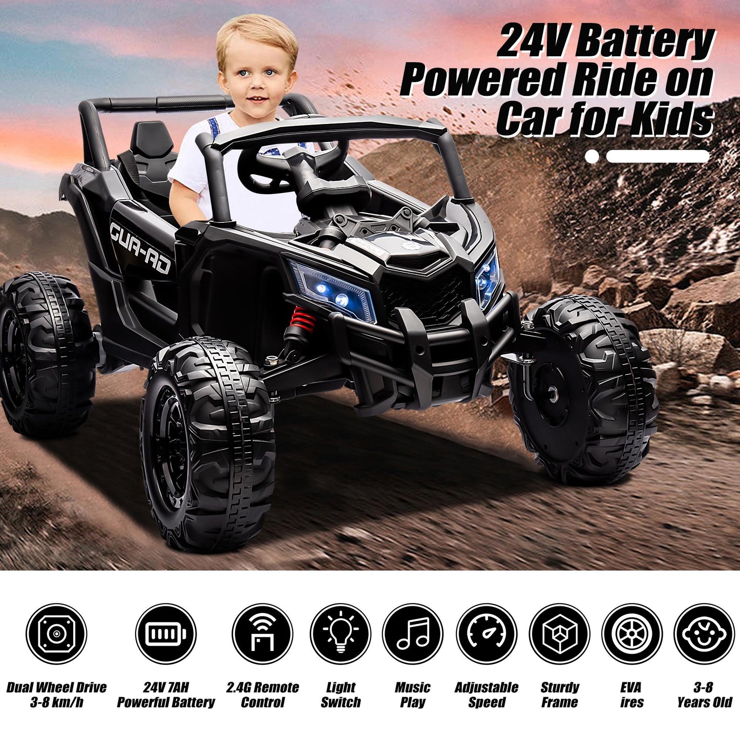 iYofe 24V Ride On UTV Car with Remote Control, Battery Powered Ride On Toys for Kids, 4 Wheels Ride on Vehicle with Music, USB, Bluetooth, Electric Cars for Kids Boys Girls 3-8 Ages Gifts, Black