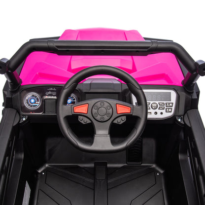 24V Powered Ride on UTV, iYofe Electric Ride on Cars with Remote Control, Bluetooth, Music, LED Lights, Portable Handle, 4 Wheels Suspension, Kids Ride on Toys for Boys Girls Ages 3-6, Pink