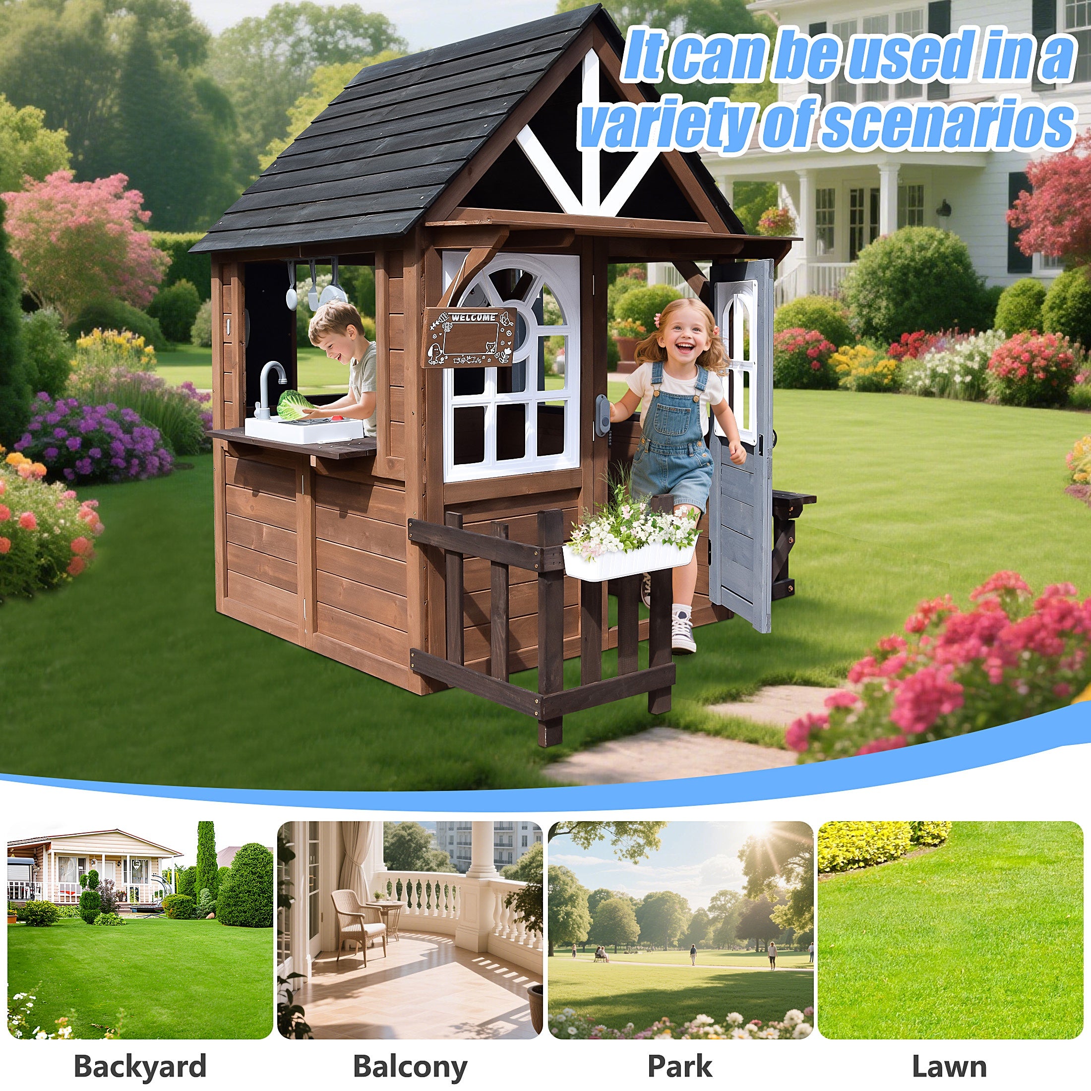 iYofe Outdoor Playhouse for Kids 3+, Wood Kids Playhouse with Full Door, Toy Phone, Bench, Planter Pots, Window, Toddler Playhouse Kids Outdoor Playset Equipment for Interactive Play
