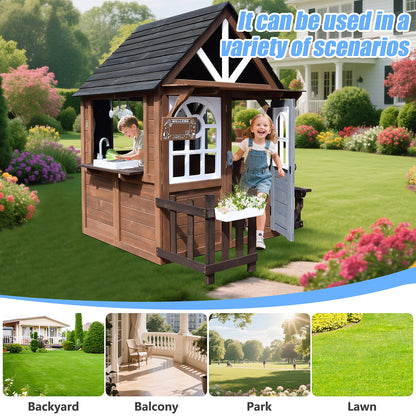 iYofe Outdoor Playhouse for Kids 3+, Wood Kids Playhouse with Full Door, Toy Phone, Bench, Planter Pots, Window, Toddler Playhouse Kids Outdoor Playset Equipment for Interactive Play