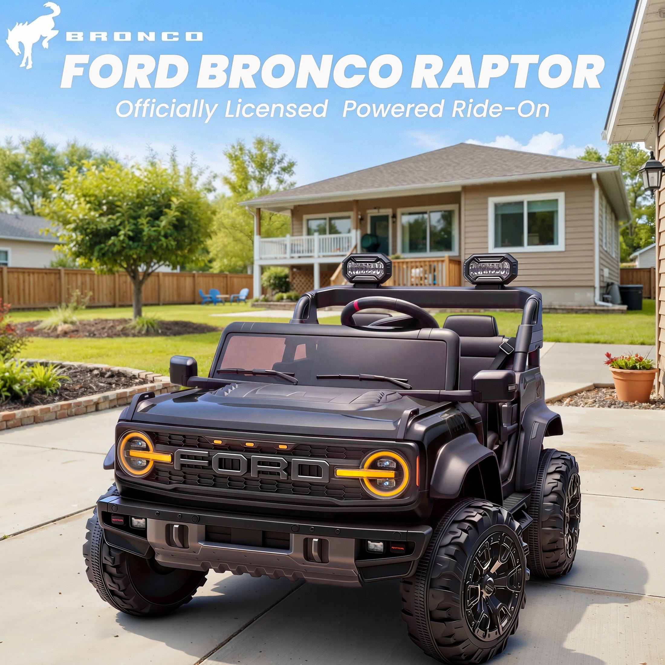 iYofe 24V 2 Seater Ford Bronco Raptor Powered Ride on Car with Remote Control, Bluetooth, Ages 3-8, Black