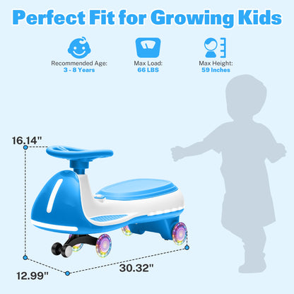 12V Electric Wiggle Car for Kids, Toddlers Ride on Toys with Pedal, Display, Flashing PU Wheels, LED Light, Bluetooth Music, Max Speed 5 MPH, Kids Ride on Cars for Boys Girls 3+, Blue