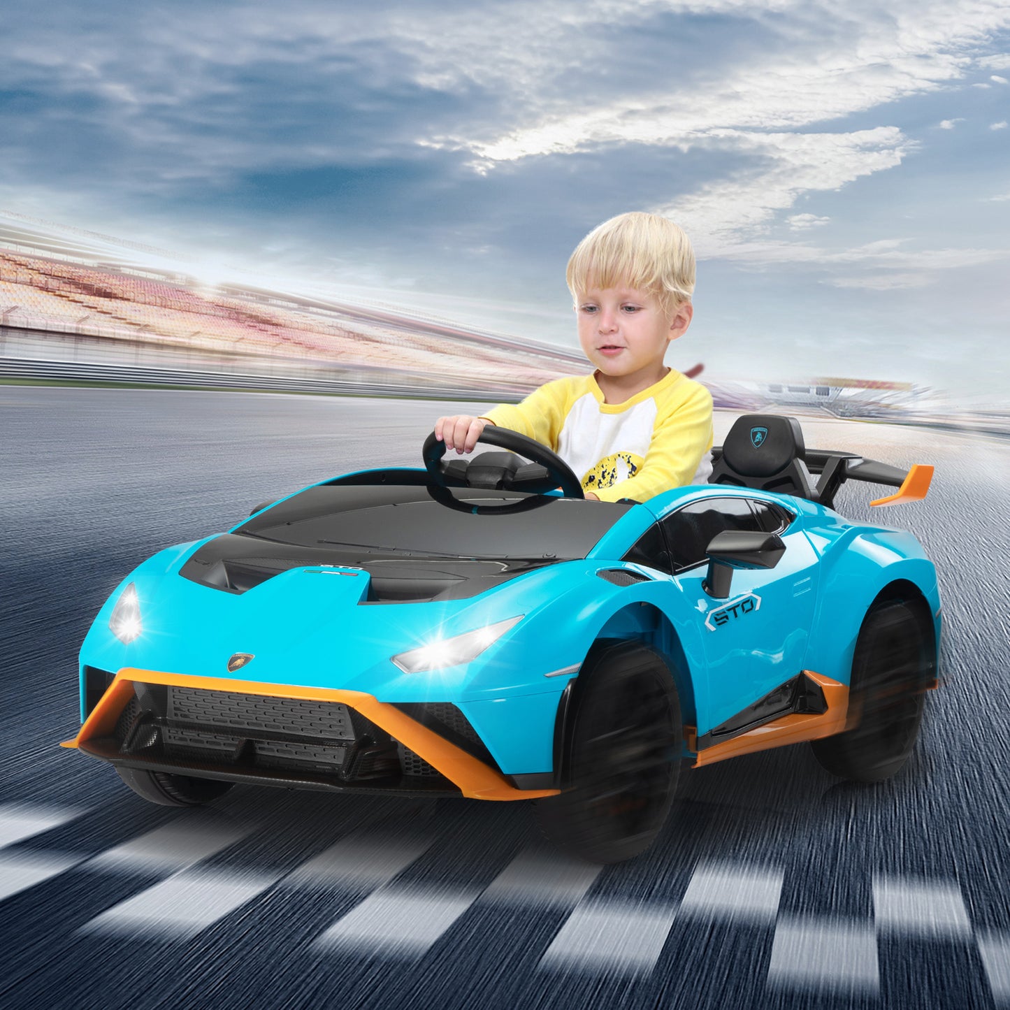 24V Powered Ride on Cars for kids, Licensed Lamborghini Sto Ride on Toy with Remote Control, Music Player, LED Light, Safety Belt, 4 Wheels Suspension Electric Vehicles for 3-5 Years Boys Girls, Blue