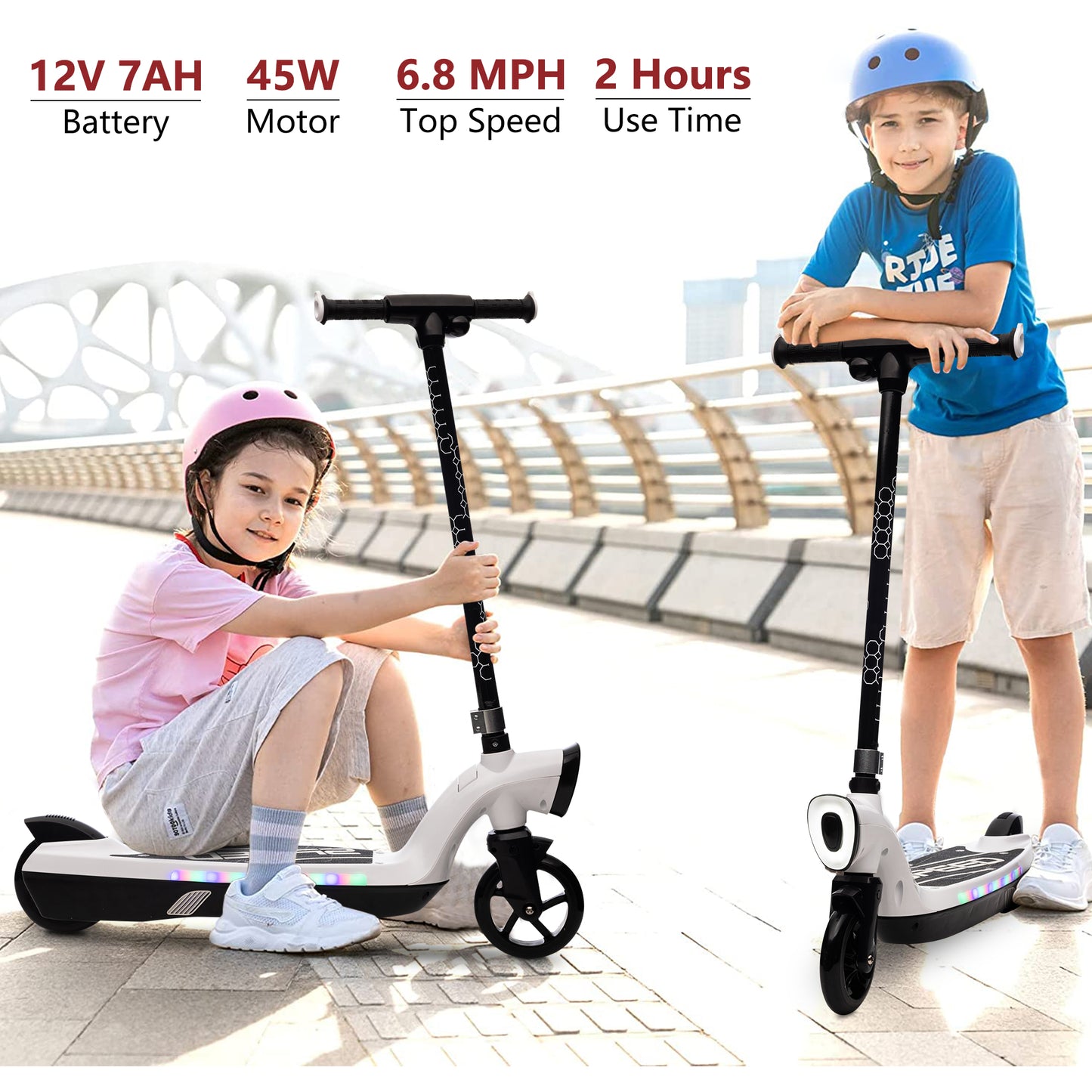iRerts Kids Electric Scooter for 6-14 Year Old, Portable Kids Scooter for Boys Girls, 12V 45W Kids Electric Scooter with Front Big Light, Rear Brake, Colorful Deck Light, White