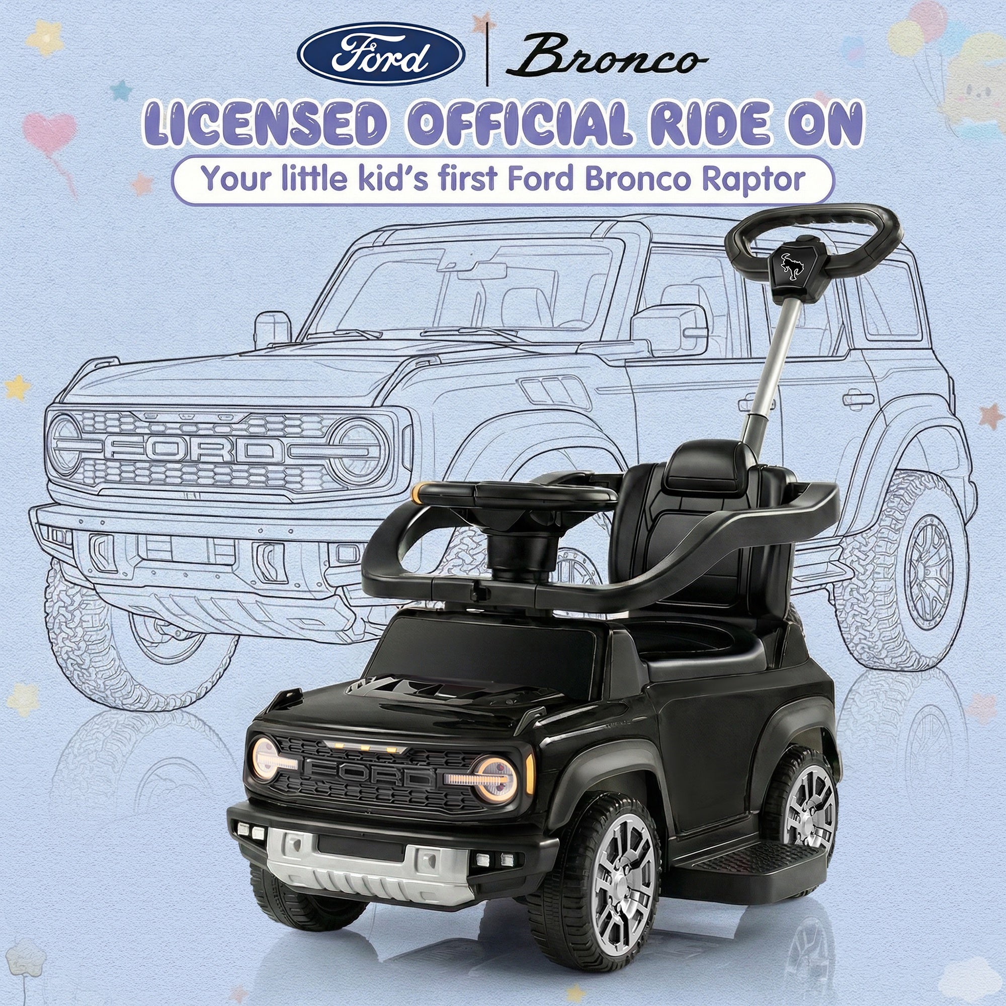 iYofe Kids Ride on Push Car, Licensed Ford Bronco Raptor Toddlers Ride on Toys with Horn, Music, Handle, Under Seat Storage, Kids Push Car for Toddlers 18 Months +, Black