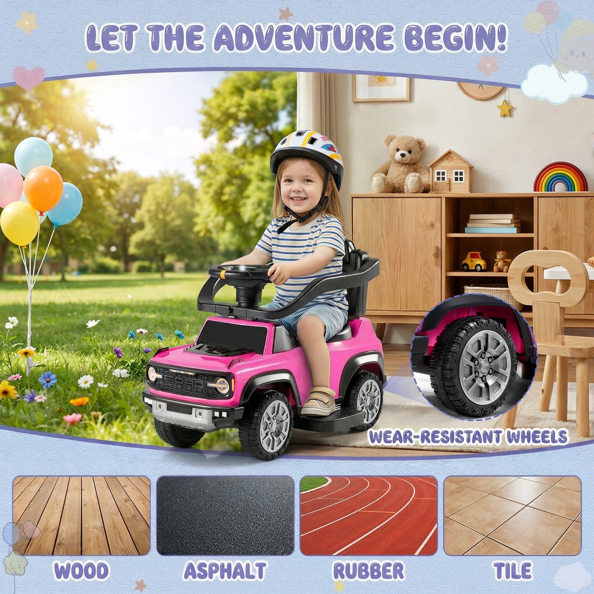 iYofe Kids Ride on Push Car, Licensed Ford Bronco Raptor Toddlers Ride on Toys with Horn, Music, Handle, Under Seat Storage, Kids Push Car for Toddlers 18 Months +, Pink