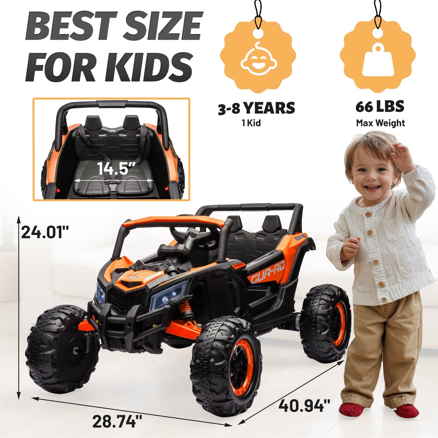 iYofe 24V Ride on Toys for Big Kids, Kids Ride on Car for Boys Girls 3-6, Powered Ride on UTV Electric Cars for Kids w/ Remote Control, Bluetooth Music, LED Lights, 4 Wheels Spring Suspension, Orange