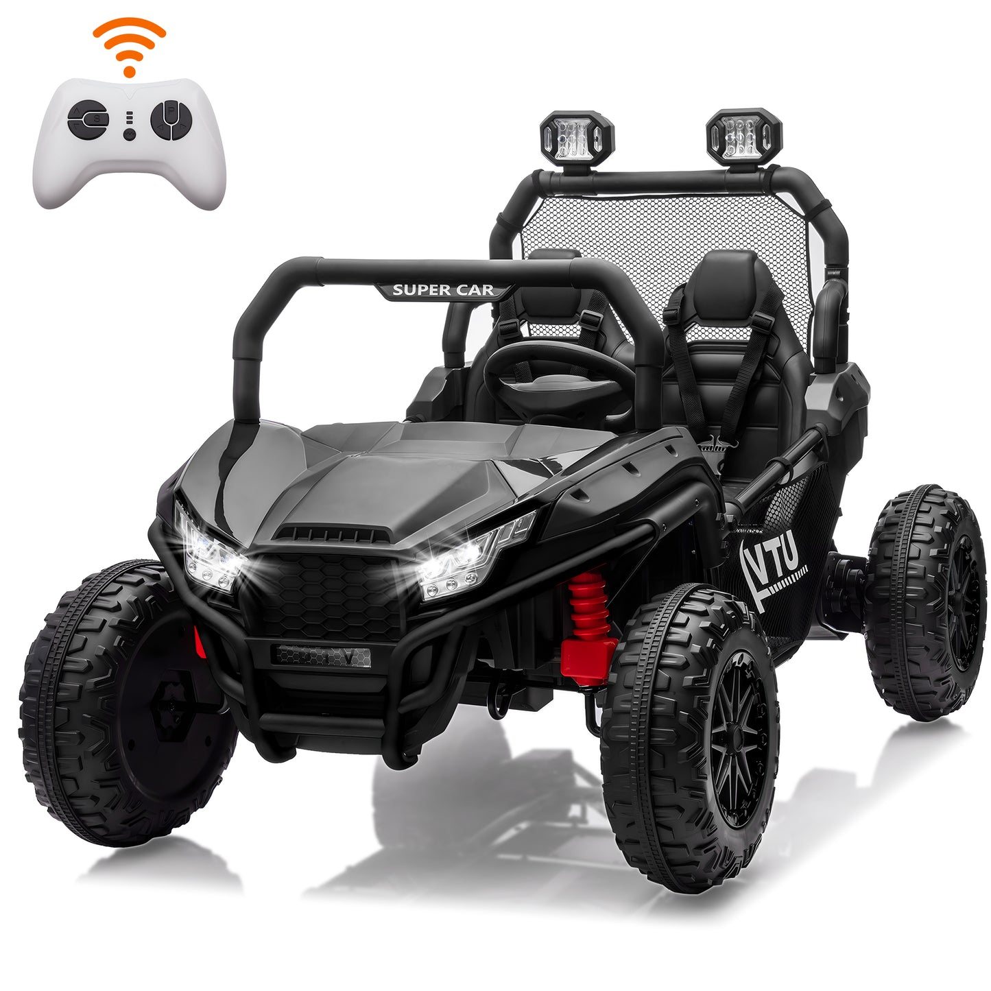 24V 2 Seater Ride on UTV for Kids, Battery Powered Ride on Toy Car with Remote Control, Electric Car for Boys Girls 3-5 w/Music, Bluetooth, Back Storage Trunk, 4 Spring Shock, Safety Belts