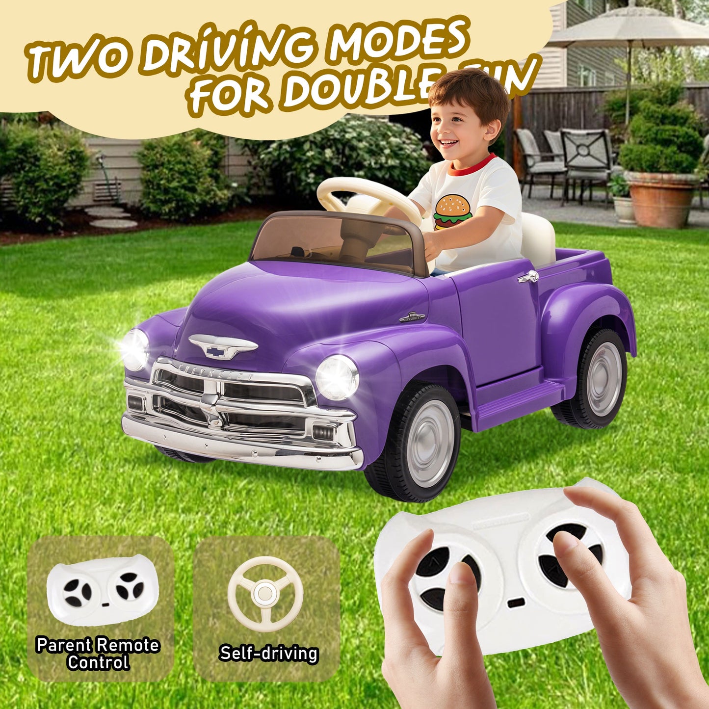 12V Ride on Toys, Licensed Chevrolet 3100 Powered Ride on Cars with Remote Control, Bluetooth, Music, USB Ports, LED Lights, 4 Wheels Suspension, Electric Car for Kids Boys Girls Ages 3-6, Purple