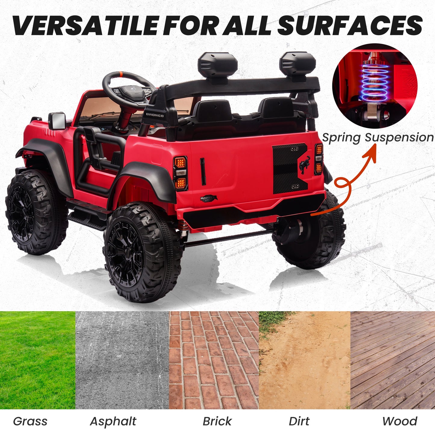 24V 2 Seater Ride on Cars, Licensed Ford Bronco Raptor Powered Ride on Toy Truck with Remote Control, Electric Car for Kids 3-8 Gifts with Bluetooth/LED Light/Spring Suspension, 4 Wheelers, Red