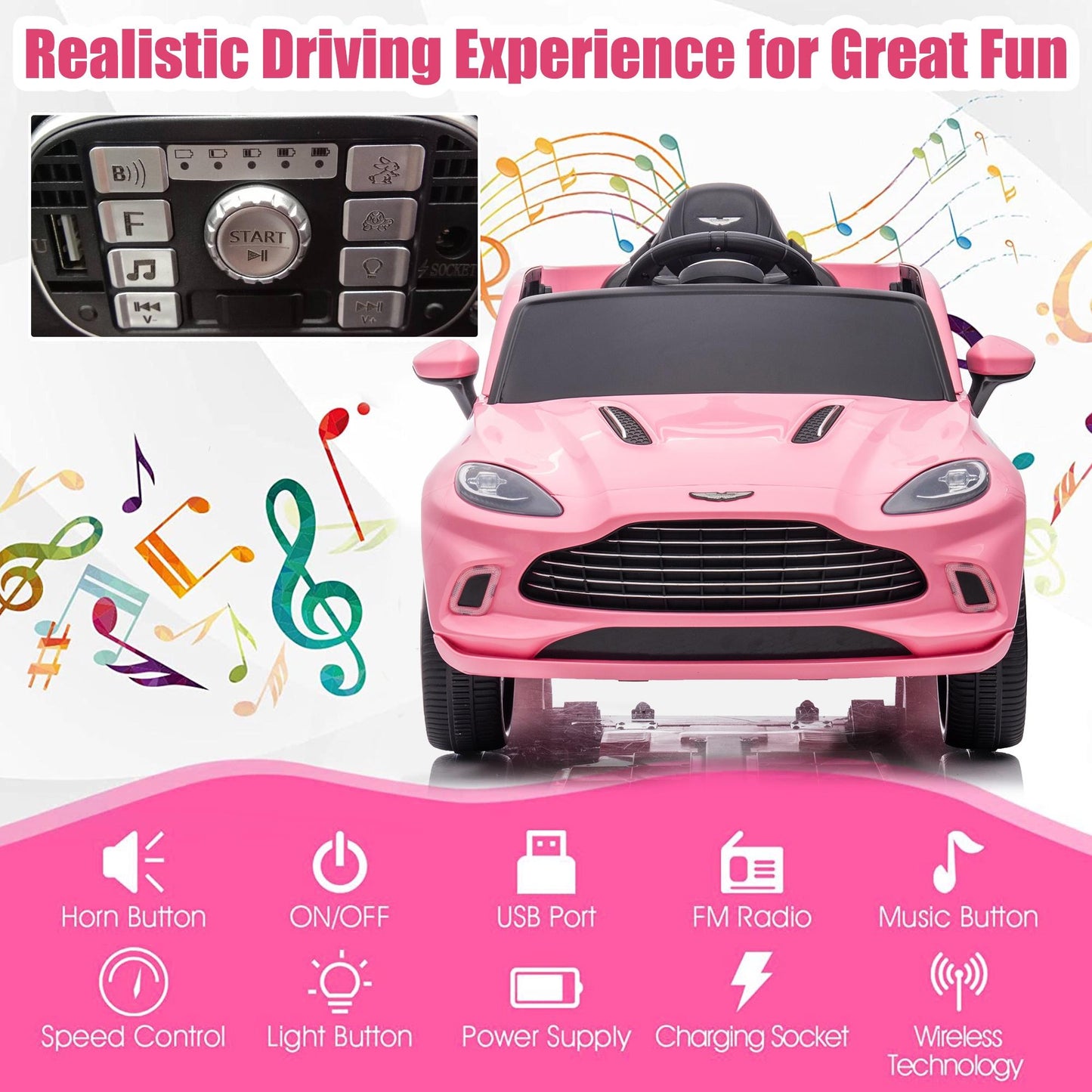 Aston Martin 12V Powered Ride On Cars with Remote Control, 4 Wheels Kids Electric Cars Vehicle with Bluetooth, LED Light, Music, USB/FM Radio, Kids Ride on Toys for Boys Girls Birthday Gifts, Pink