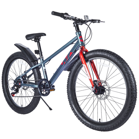 24" Mountain Bikes for Boys Girls, 7 Speed Fat Tire Mountain Bicycle w/ Disc Brakes, Bike for kids Youth Teen Adults, City Bikes Street Suit for Rider Height 56"-66" Ages 10+, 85% assembled (Gray)
