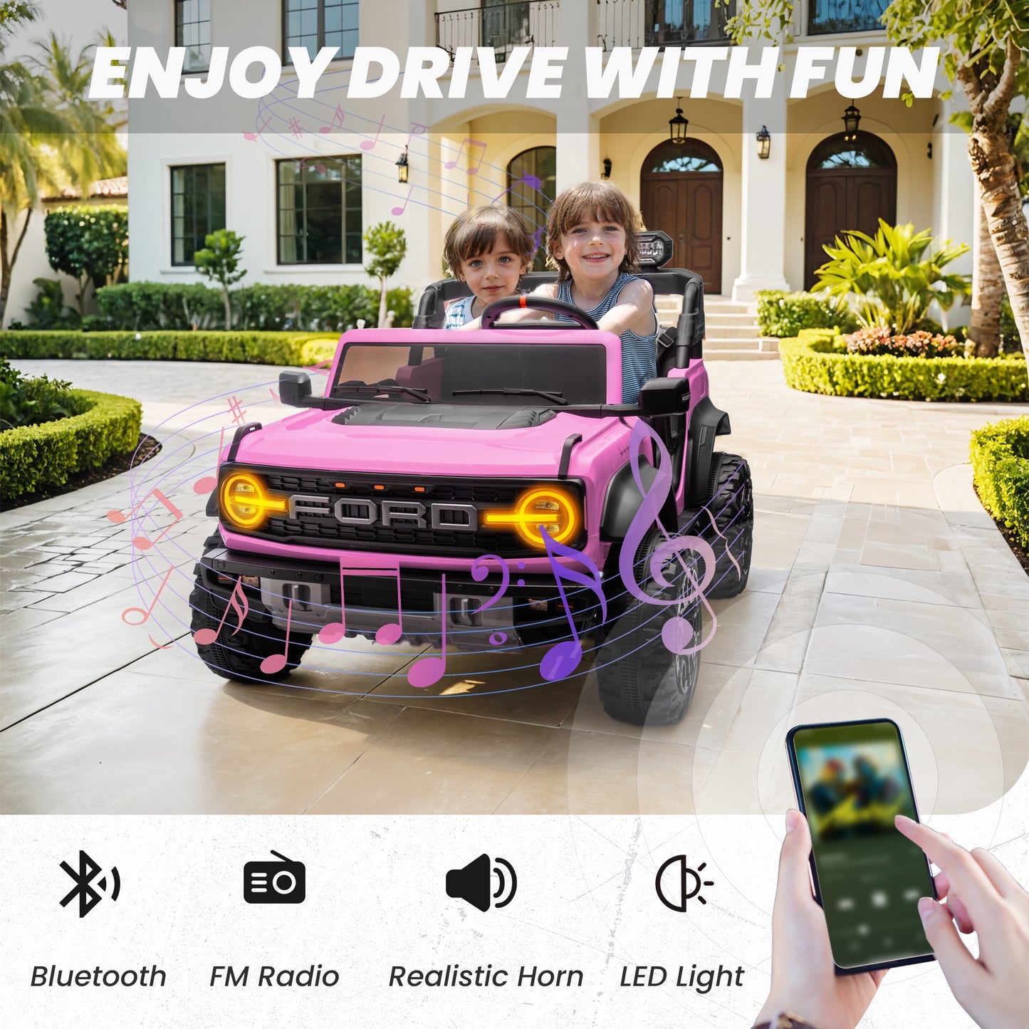 24V 2 Seater Ride on Cars, Licensed Ford Bronco Raptor Powered Ride on Toy Truck with Remote Control, Electric Car for Kids 3-8 Gifts with Bluetooth/LED Light/Spring Suspension, 4 Wheelers, Pink