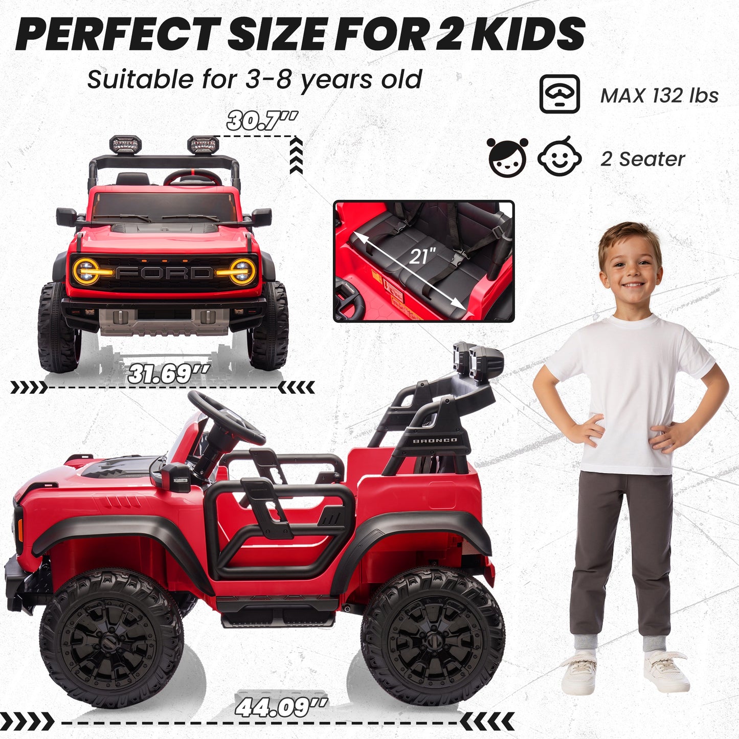 24V 2 Seater Ride on Cars, Licensed Ford Bronco Raptor Powered Ride on Toy Truck with Remote Control, Electric Car for Kids 3-8 Gifts with Bluetooth/LED Light/Spring Suspension, 4 Wheelers, Red