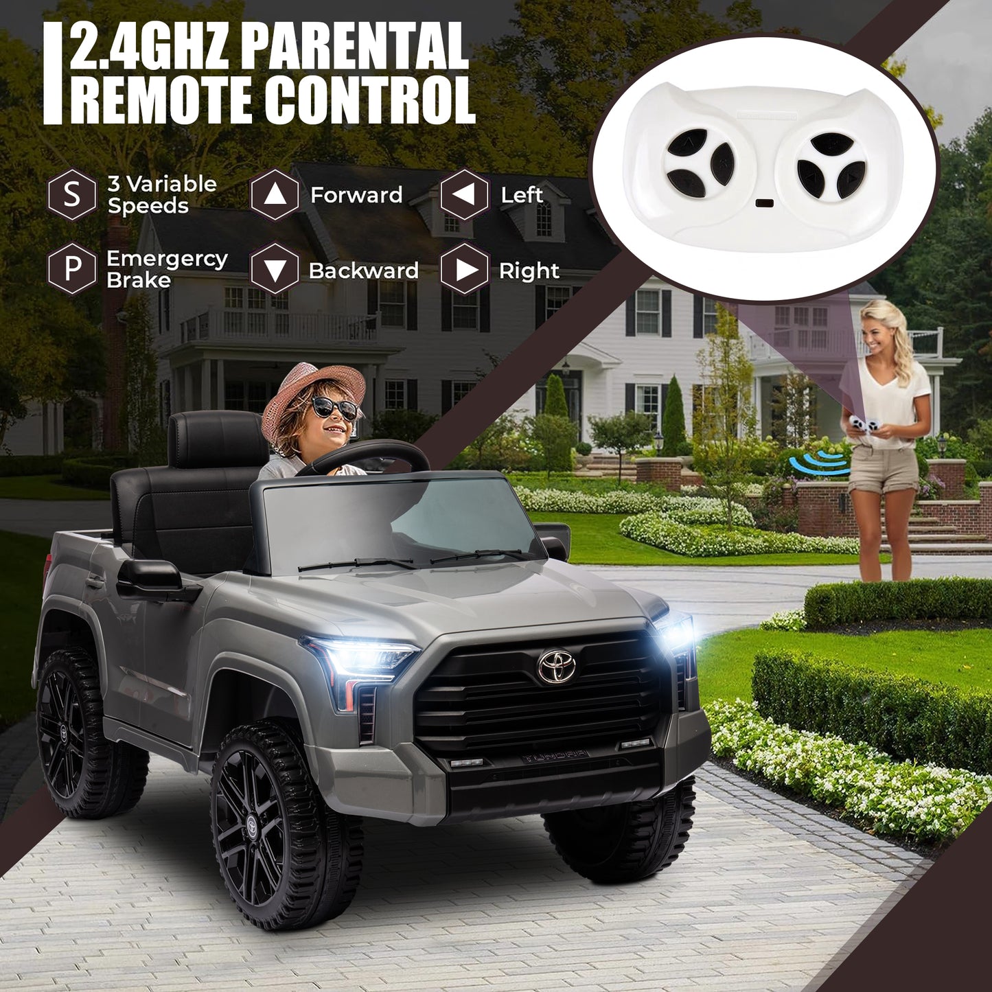 Toyota Tundra Pickup 12V 7A Ride On Cars for Kids, Ride On Toys with Remote Control, Battery Powered Kids Electric Vehicles with Bluetooth Music, USB, Electric Cars for Kids Boys Girls Gifts, Gray