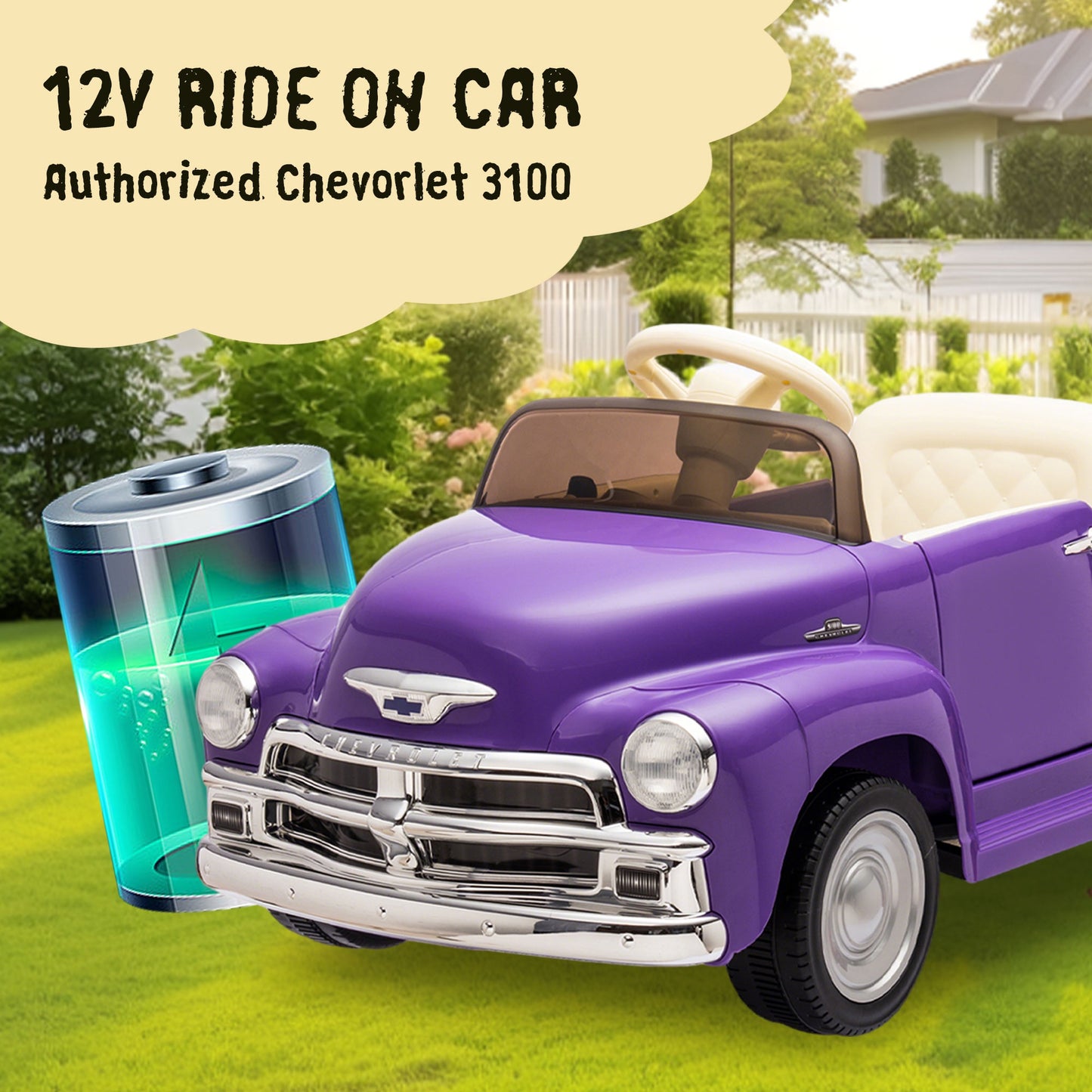 12V Ride on Toys, Licensed Chevrolet 3100 Powered Ride on Cars with Remote Control, Bluetooth, Music, USB Ports, LED Lights, 4 Wheels Suspension, Electric Car for Kids Boys Girls Ages 3-6, Purple