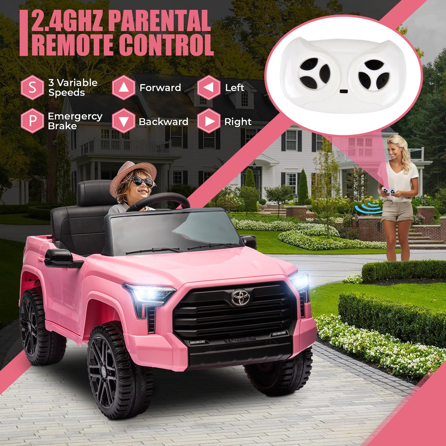 Toyota Tundra Pickup 12V 4.5A Ride On Cars for Kids, Ride On Toys with Remote Control, Battery Powered Kids Electric Vehicles with Bluetooth Music, USB, Electric Cars for Kids Boys Girls Gifts, Pink