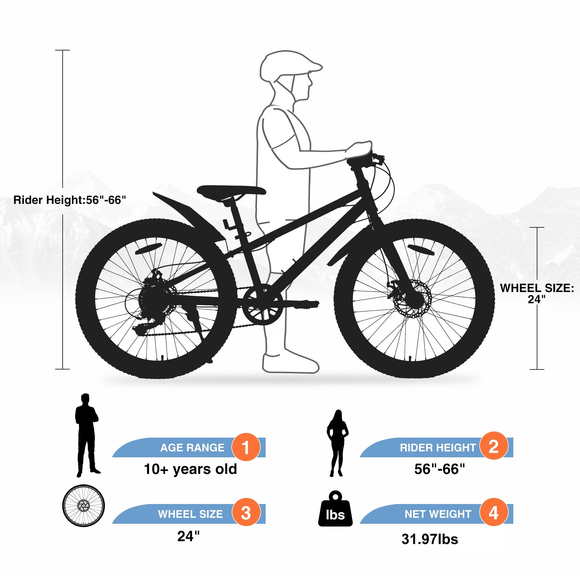 24" Mountain Bikes for Boys Girls, 7 Speed Fat Tire Mountain Bicycle w/ Disc Brakes, Bike for kids Youth Teen Adults, City Bikes Street Suit for Rider Height 56"-66" Ages 10+, 85% assembled (Orange)