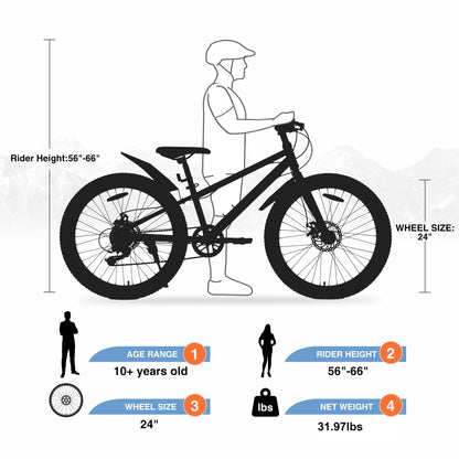 24" Mountain Bikes for Boys Girls, 7 Speed Fat Tire Mountain Bicycle w/ Disc Brakes, Bike for kids Youth Teen Adults, City Bikes Street Suit for Rider Height 56"-66" Ages 10+, 85% assembled (Orange)