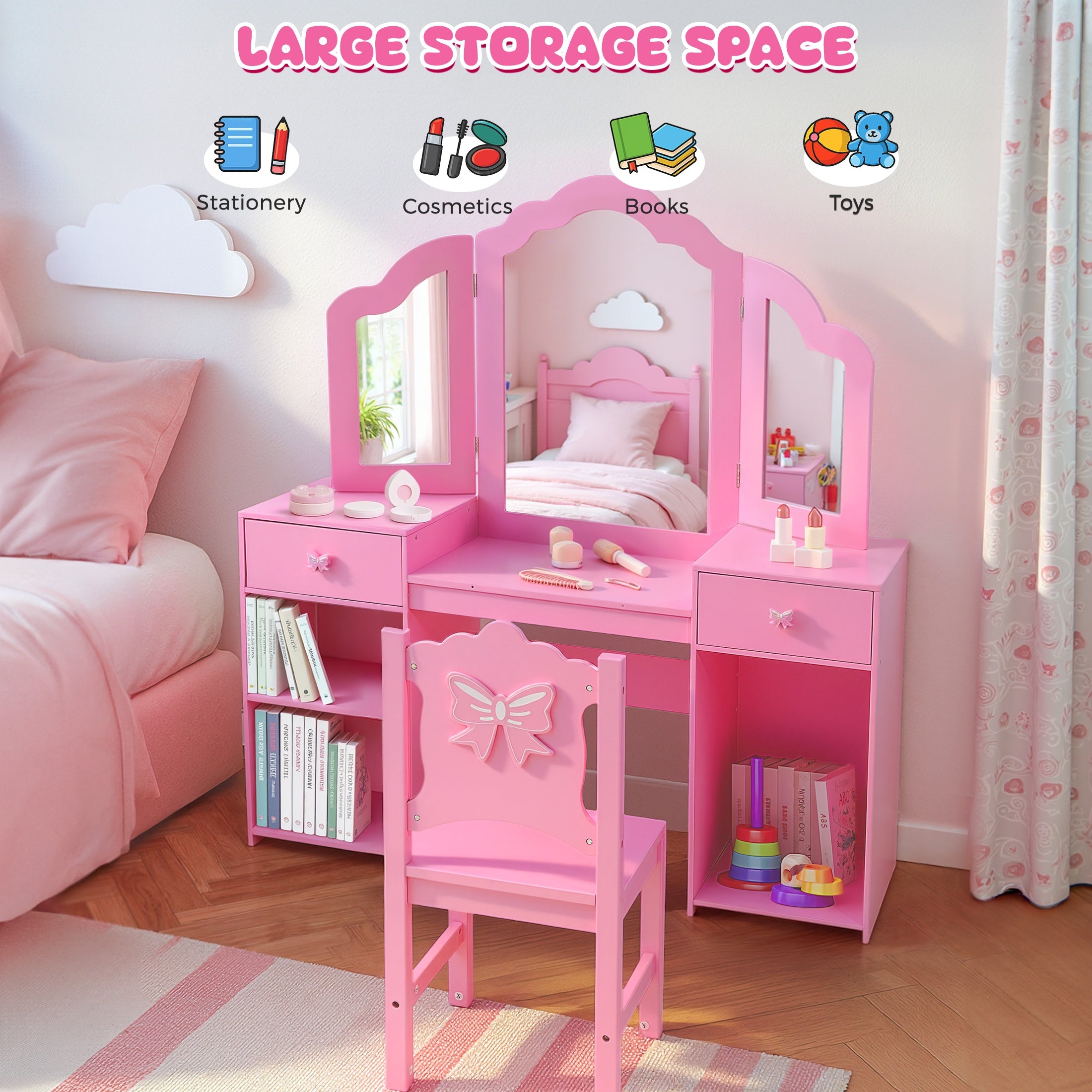 iYofe Kids Vanity Set, Girls Vanity Set with Mirror and Stool, Princess Girls Makeup Vanity Desk with Drawers, Open Storage Cabinet, Toddler Vanity Table and Chair Set for Little Girls Age 3-9, Pink