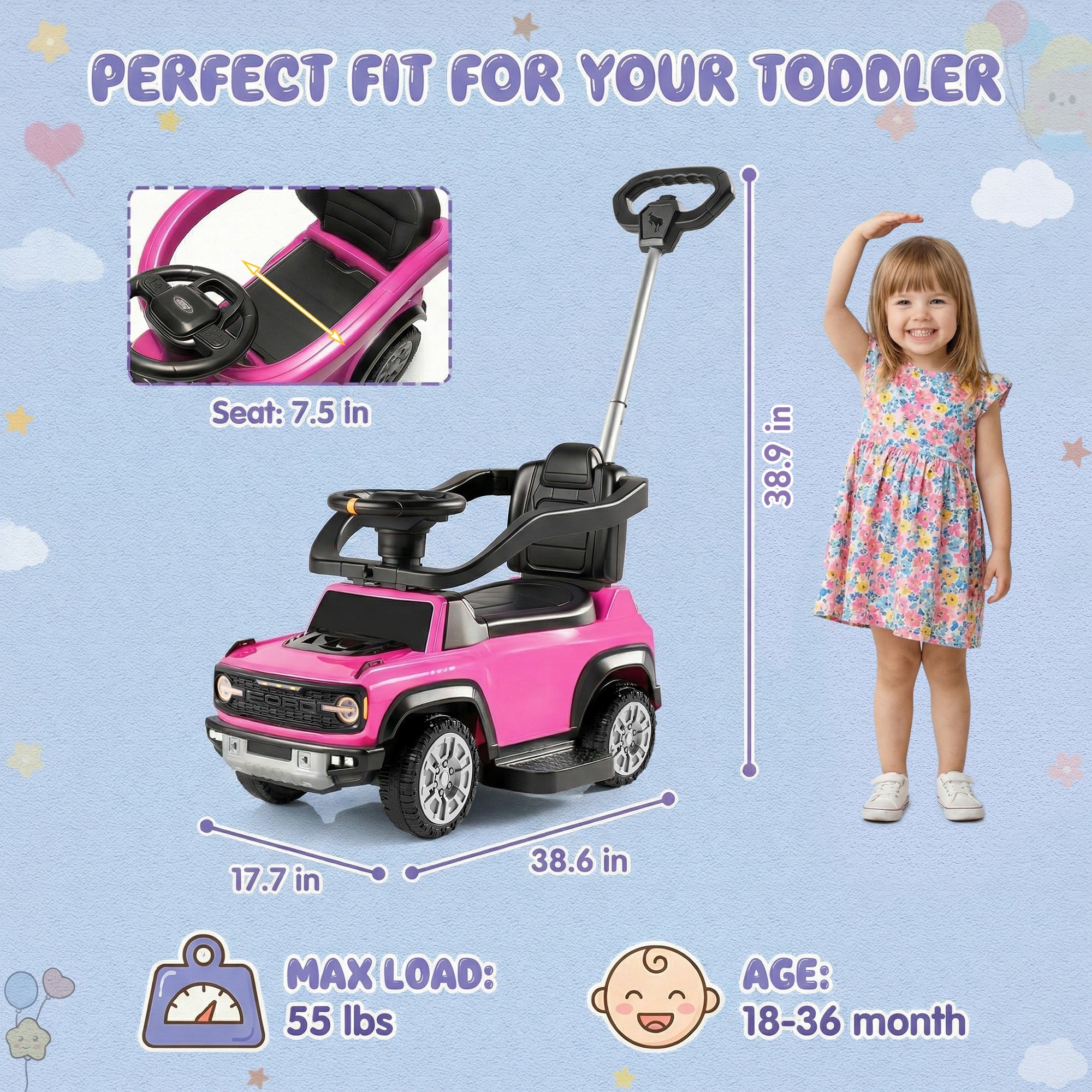 iYofe Kids Ride on Push Car, Licensed Ford Bronco Raptor Toddlers Ride on Toys with Horn, Music, Handle, Under Seat Storage, Kids Push Car for Toddlers 18 Months +, Pink
