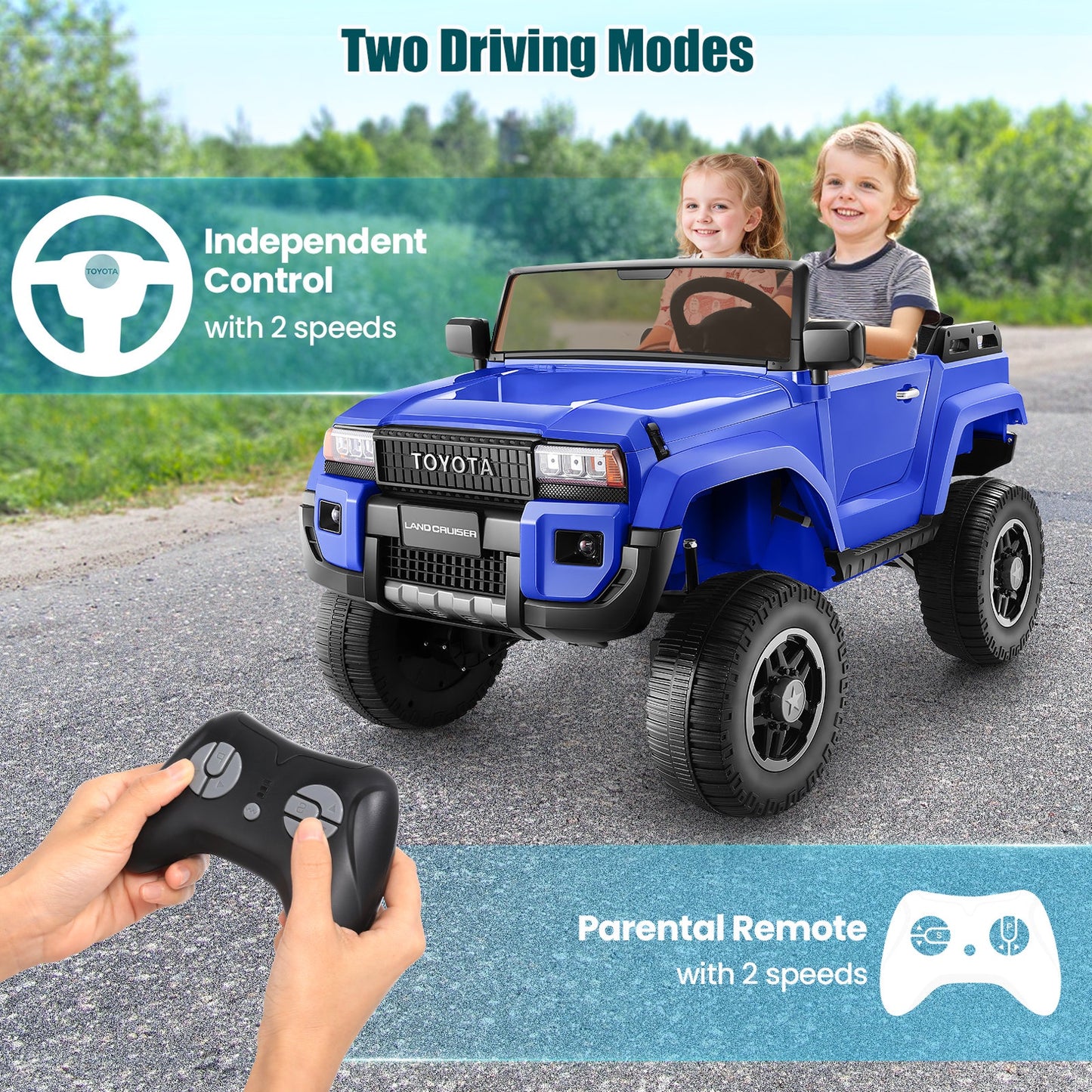 24V 2 Seater Ride on Cars, Licensed Toyota LC250 Powered Ride on Toy Truck with Remote Control, Kids Cars Electric Vehicles for Kids 3-8 Gifts with Bluetooth/Music/USB Ports/Shovel, 4 Wheelers, Blue