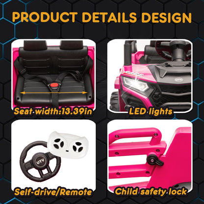 12V Powered Ride on Car UTV, Kids Ride on Toys for Toddlers Ages 3-5, Ride on Vehicles with Remote Control, Bluetooth, Music, 4 Wheels Suspension, Electric Cars for Kids Boys Girls, Pink