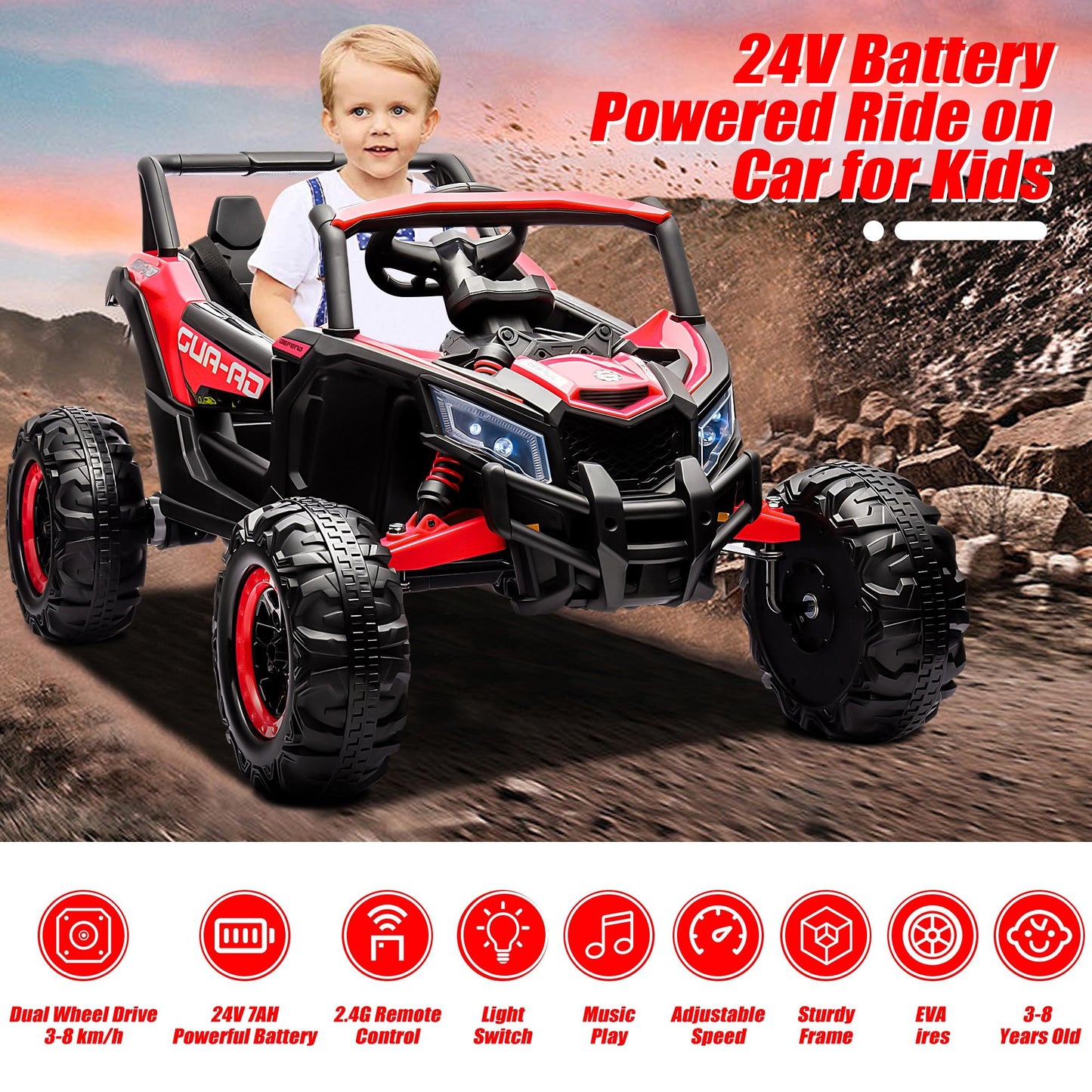 iYofe 24V Ride On UTV Car with Remote Control, Battery Powered Ride On Toys for Kids, 4 Wheels Ride on Vehicle with Music, USB, Bluetooth, Electric Cars for Kids Boys Girls 3-8 Ages Gifts, Red