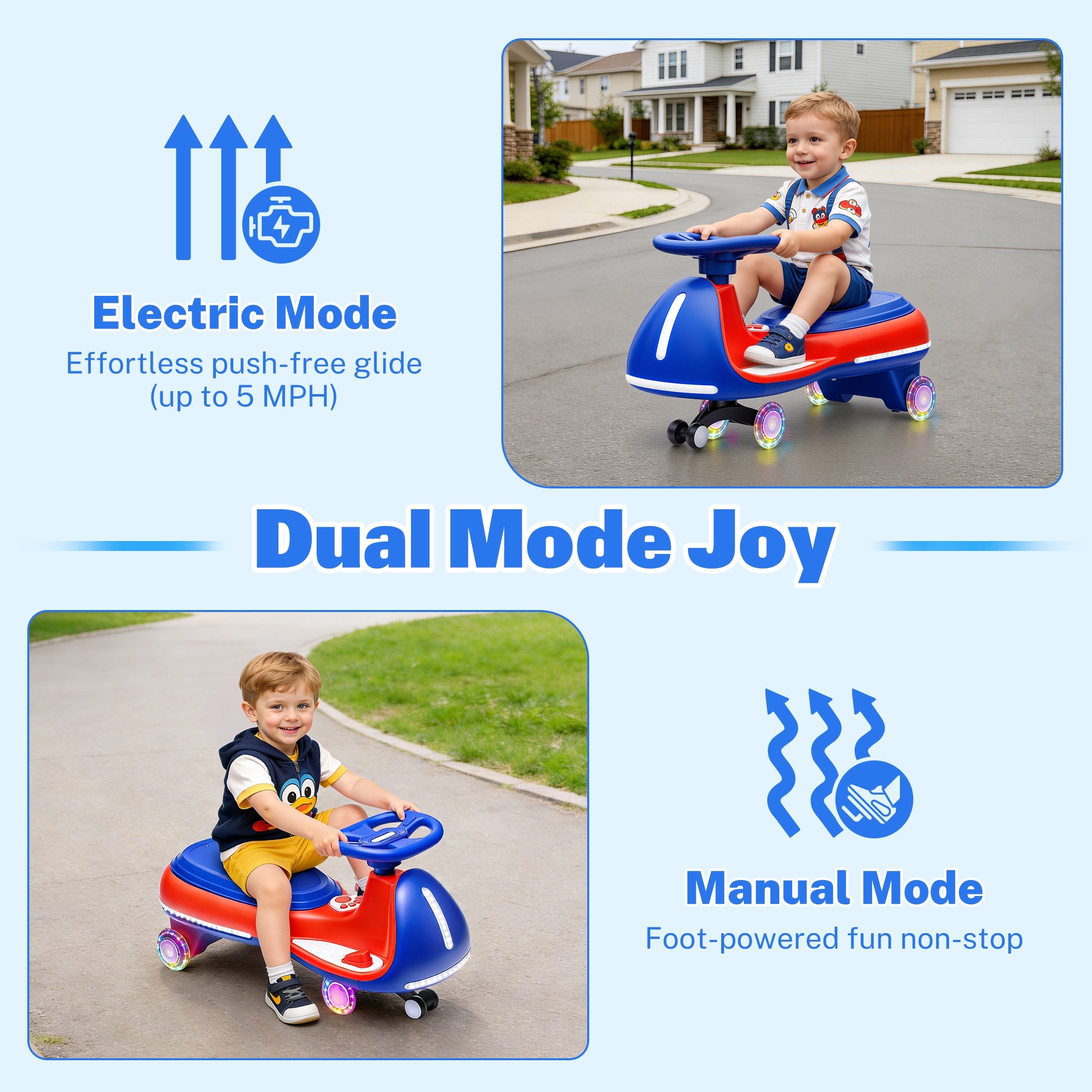 12V Electric Wiggle Car for Kids, Toddlers Ride on Toys with Pedal, Display, Flashing PU Wheels, LED Light, Bluetooth Music, Max Speed 5 MPH, Kids Ride on Cars for Boys Girls 3+, Blue+Red