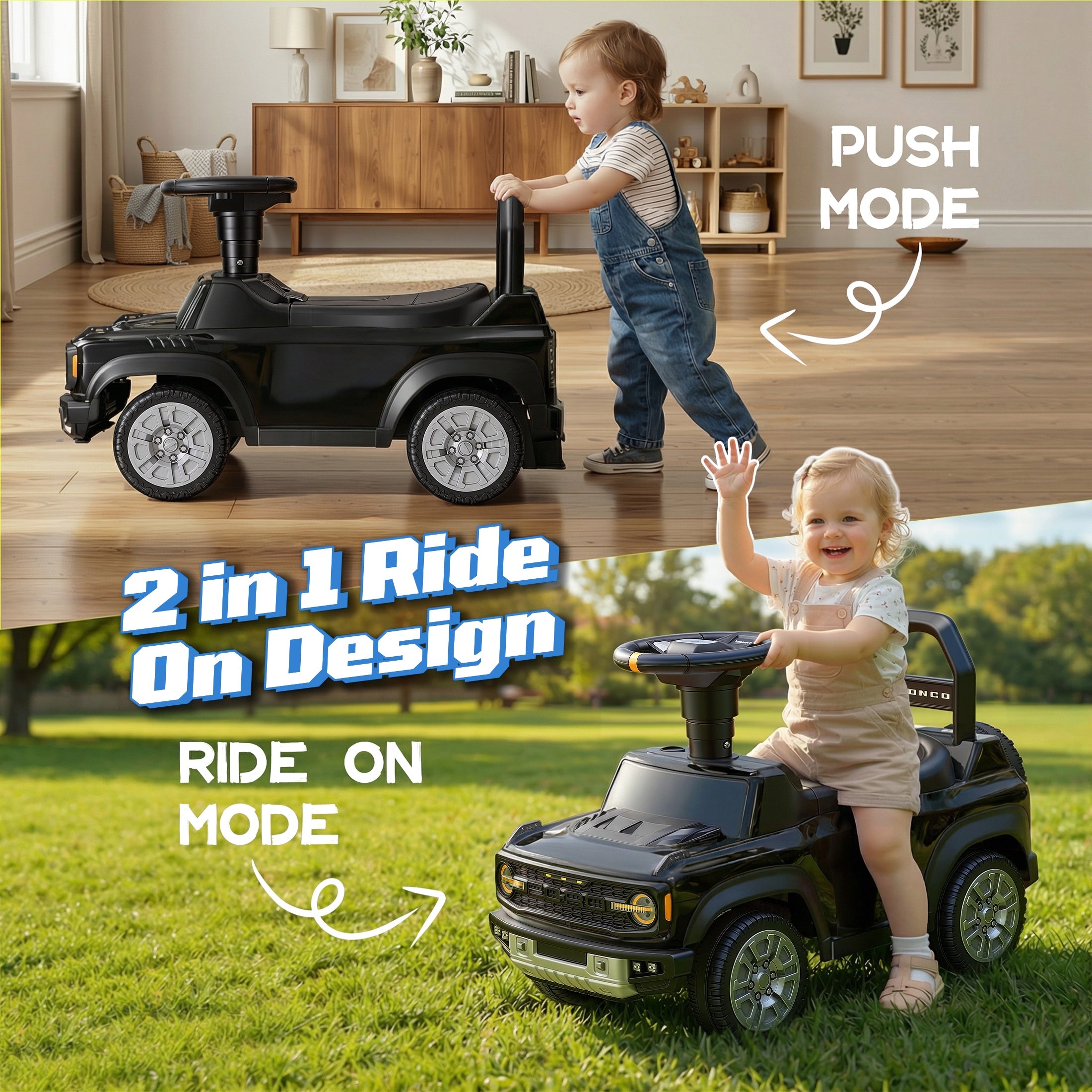 iYofe Kids Ride on Push Car 2 in 1, Ford Bronco Raptor Toddlers Ride on Push Toys with Horn, Music, Handle, Under Seat Storage, Ride on Toys for Toddlers 18 Months +, Black
