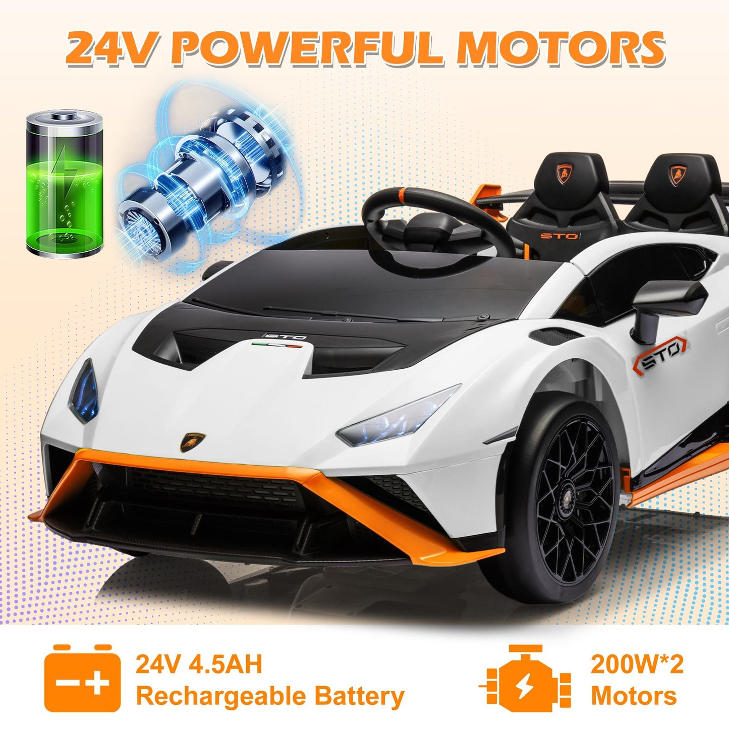 White 24V Lamborghini Ride on Cars with Remote Control, Battery Powered Kids Ride on Toys for Boys Girls 3-8 Ages, 4 Wheels Electric Cars for Kids with Bluetooth/Music/USB Port/LED Lights