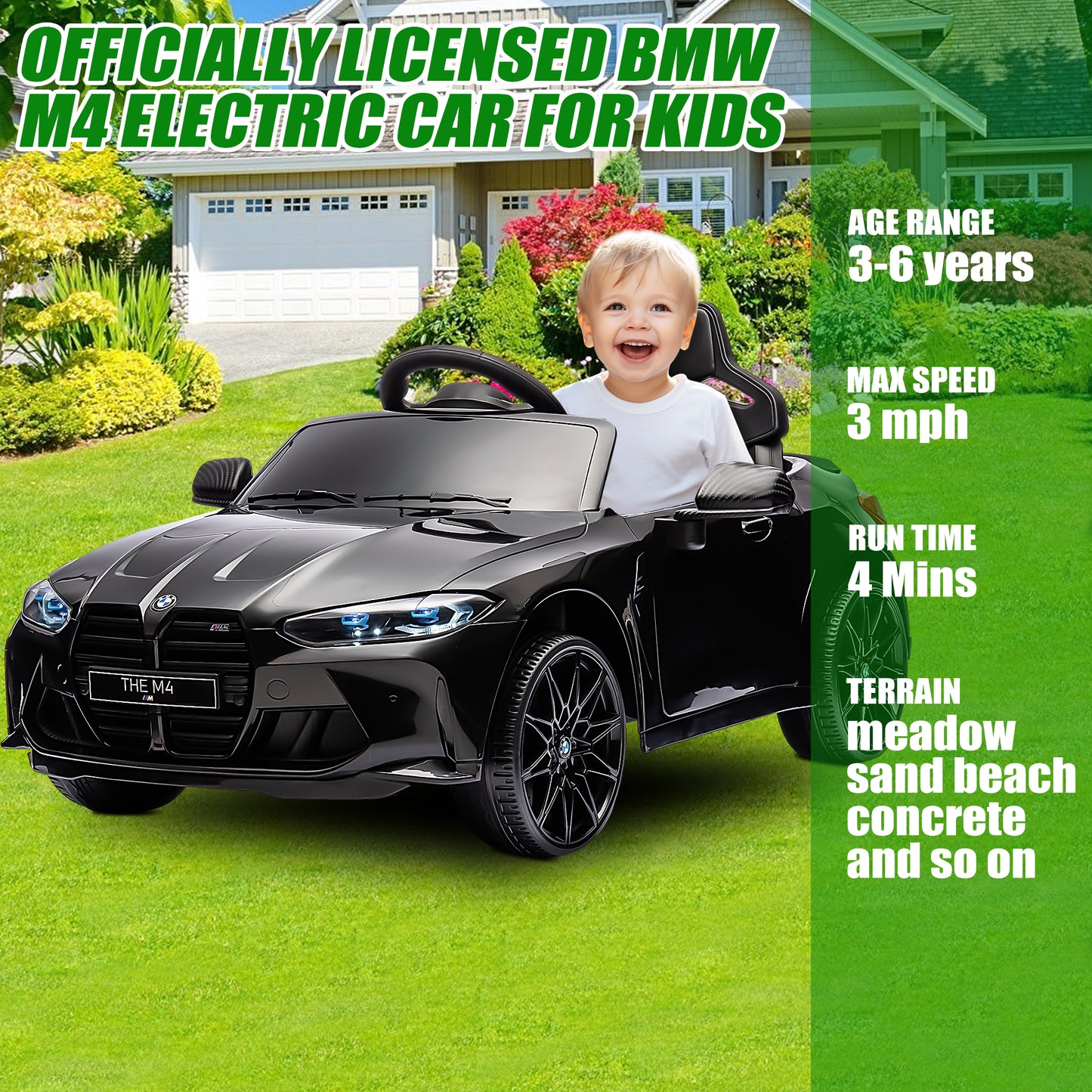 BMW M4 12V Battery Powered Ride On Cars, Kids Ride On Toys with Remote Control, Bluetooth, Music, USB/MP3 Port, LED Light, 4 Wheeler Kids Electric Cars for Boys Girls Gifts 3-6 Years Old, Black