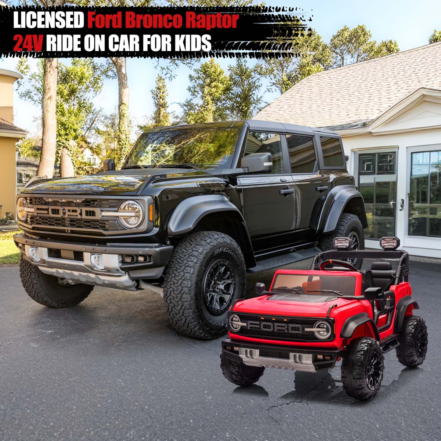 24V 2 Seater Ride on Cars, Licensed Ford Bronco Raptor Ride on Truck Toy with Remote Control, Powered Kids Car Electric Vehicles with Bluetooth/Music Player/LED Light/4 Wheels Spring Suspension, Red