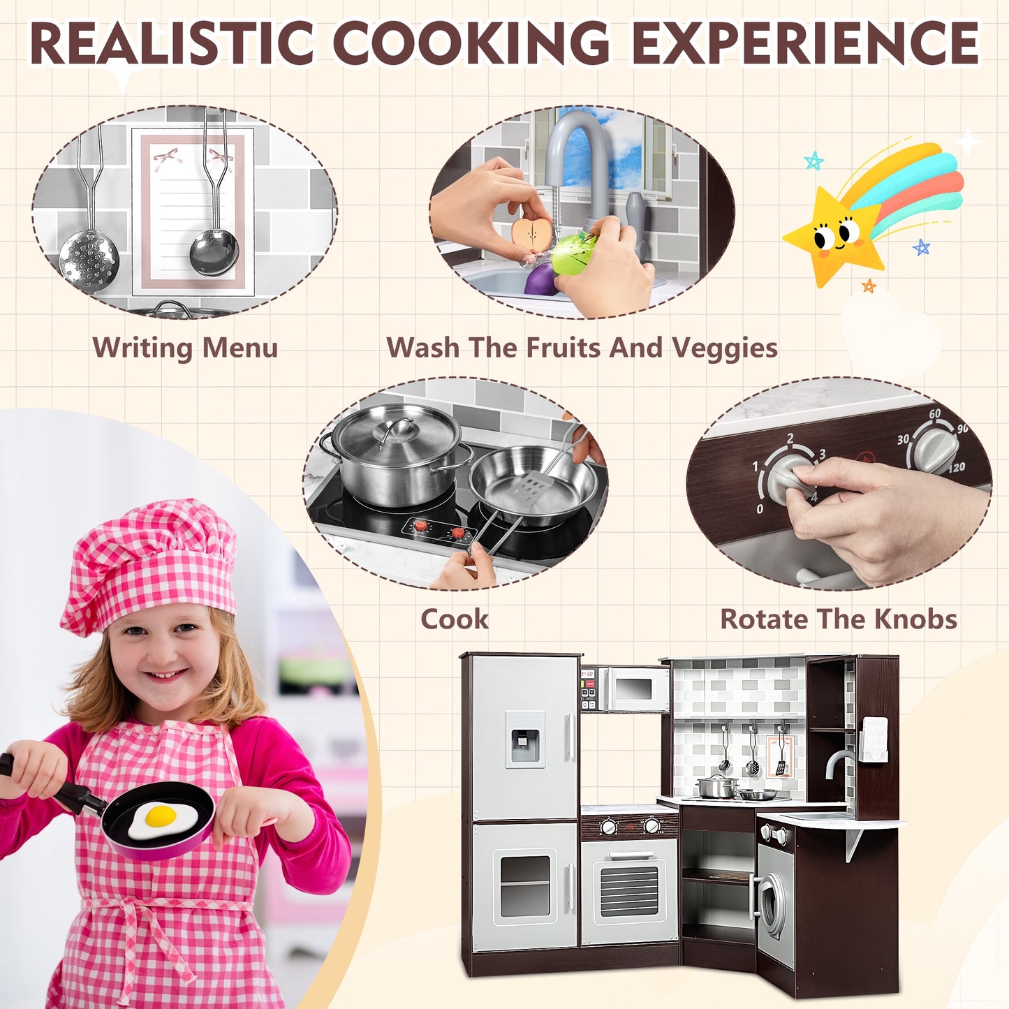 iYofe Kids Play Kitchen, Wooden Kids Children Pretend Corner Kitchen Playset, Toddler Kitchen Playset with Ice Maker, Play Phone, Cookware Accessories, Microwave, Kitchen Toys for Ages 3-8 Girls Boys