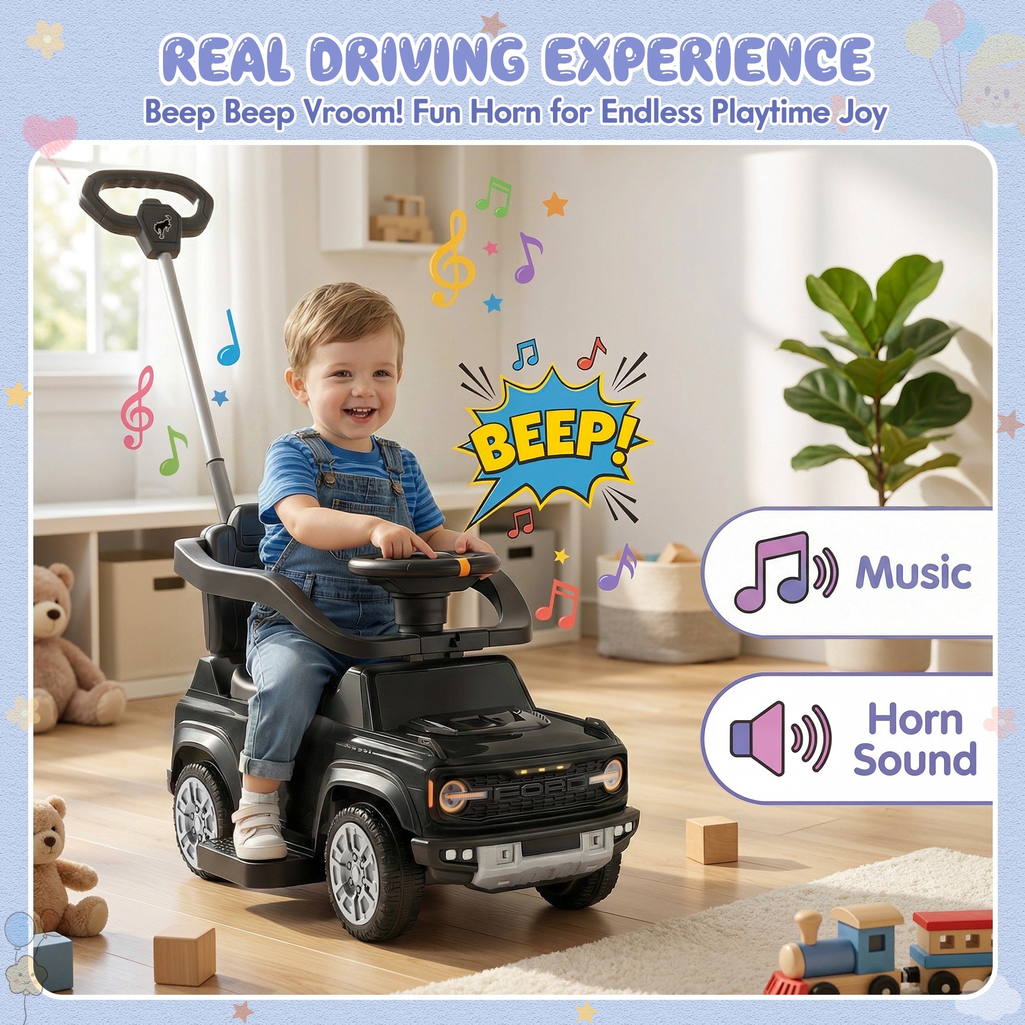 iYofe Kids Ride on Push Car, Licensed Ford Bronco Raptor Toddlers Ride on Toys with Horn, Music, Handle, Under Seat Storage, Kids Push Car for Toddlers 18 Months +, Black