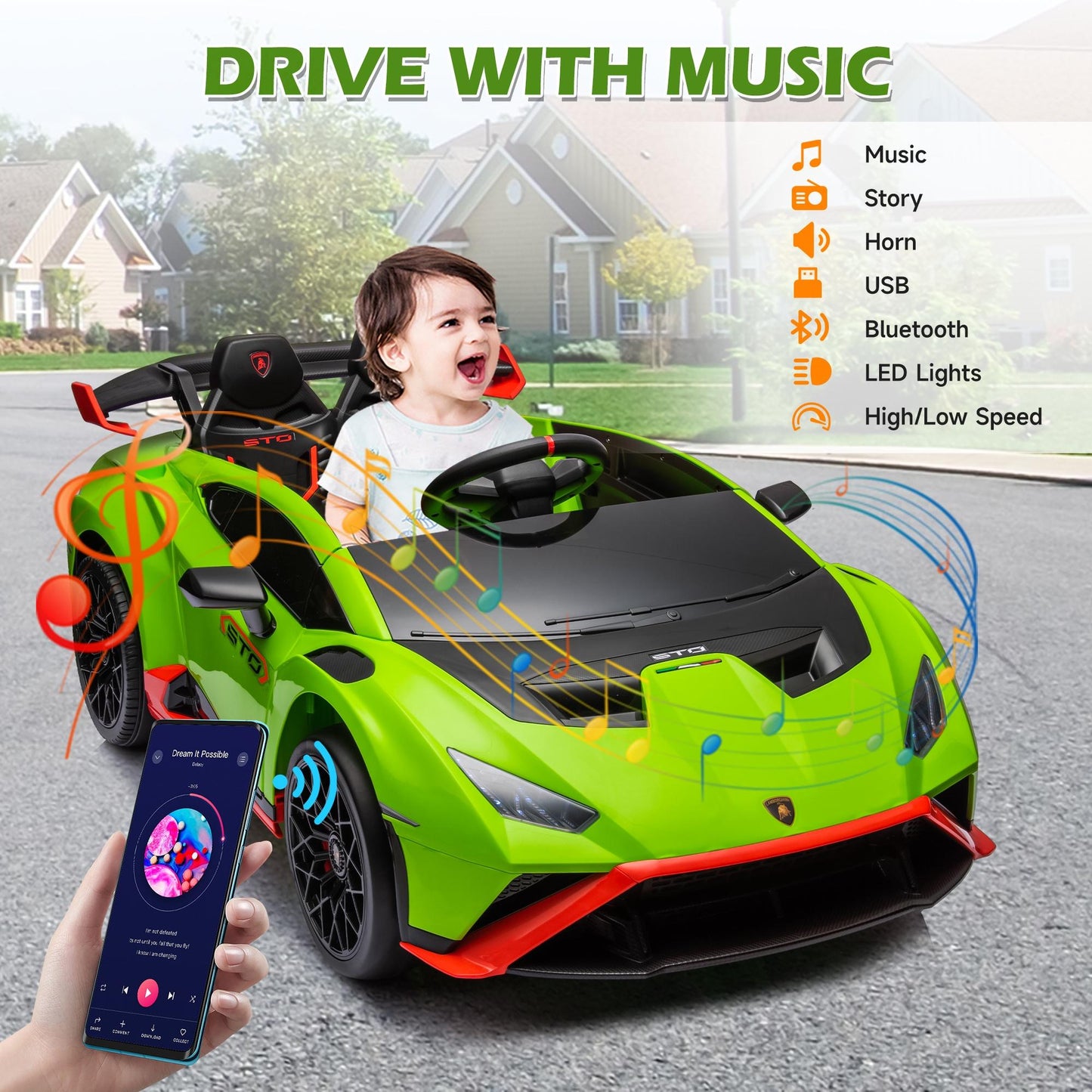 Green 24V Lamborghini Ride on Cars with Remote Control, Battery Powered Kids Ride on Toys for Boys Girls 3-8 Ages, 4 Wheels Electric Cars for Kids with Bluetooth/Music/USB Port/LED Lights