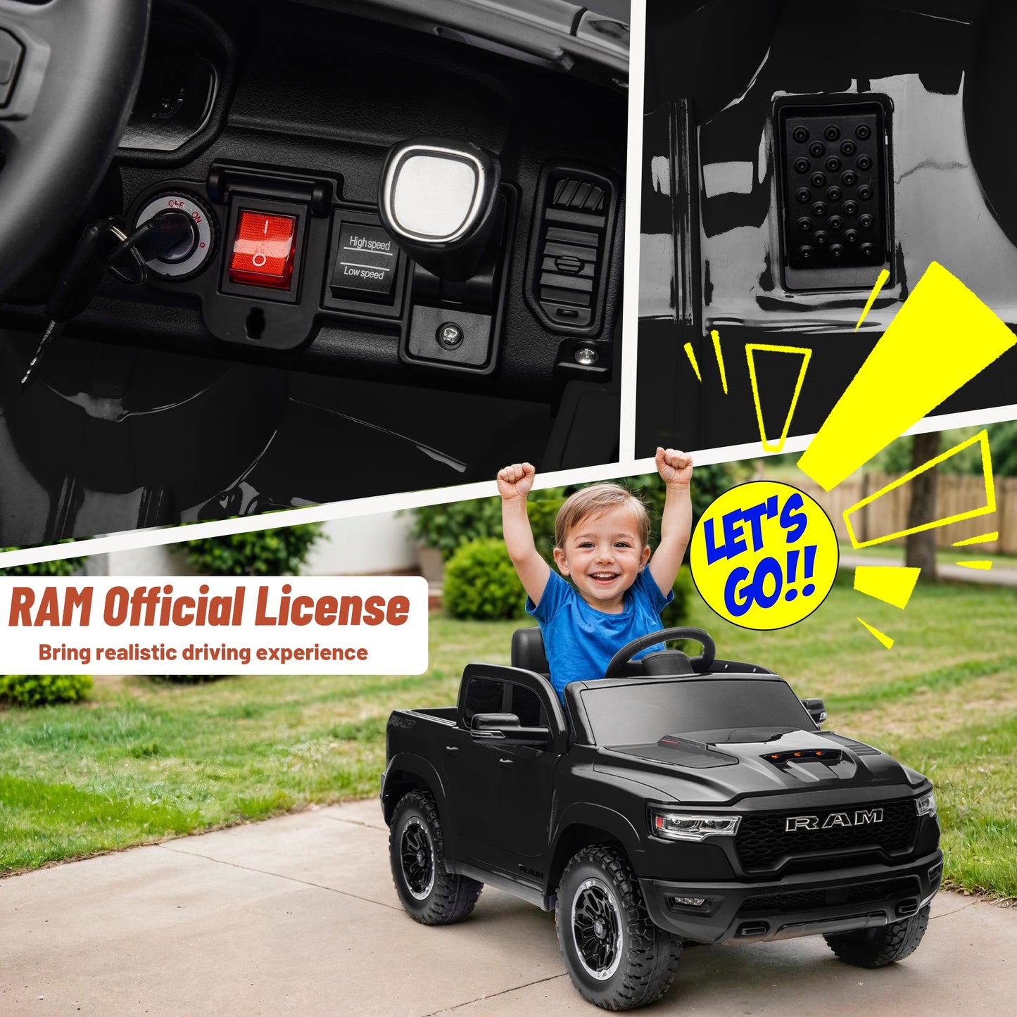 Ram Ride on Car Toys, 12V RAM 1500 Battery Powered Ride on Toy Truck with Remote Control, Electric Car for Kids Girls 3-5 w/ Bluetooth, Rear Storage Trunck, Safety Belt, 4 Wheelers, Black