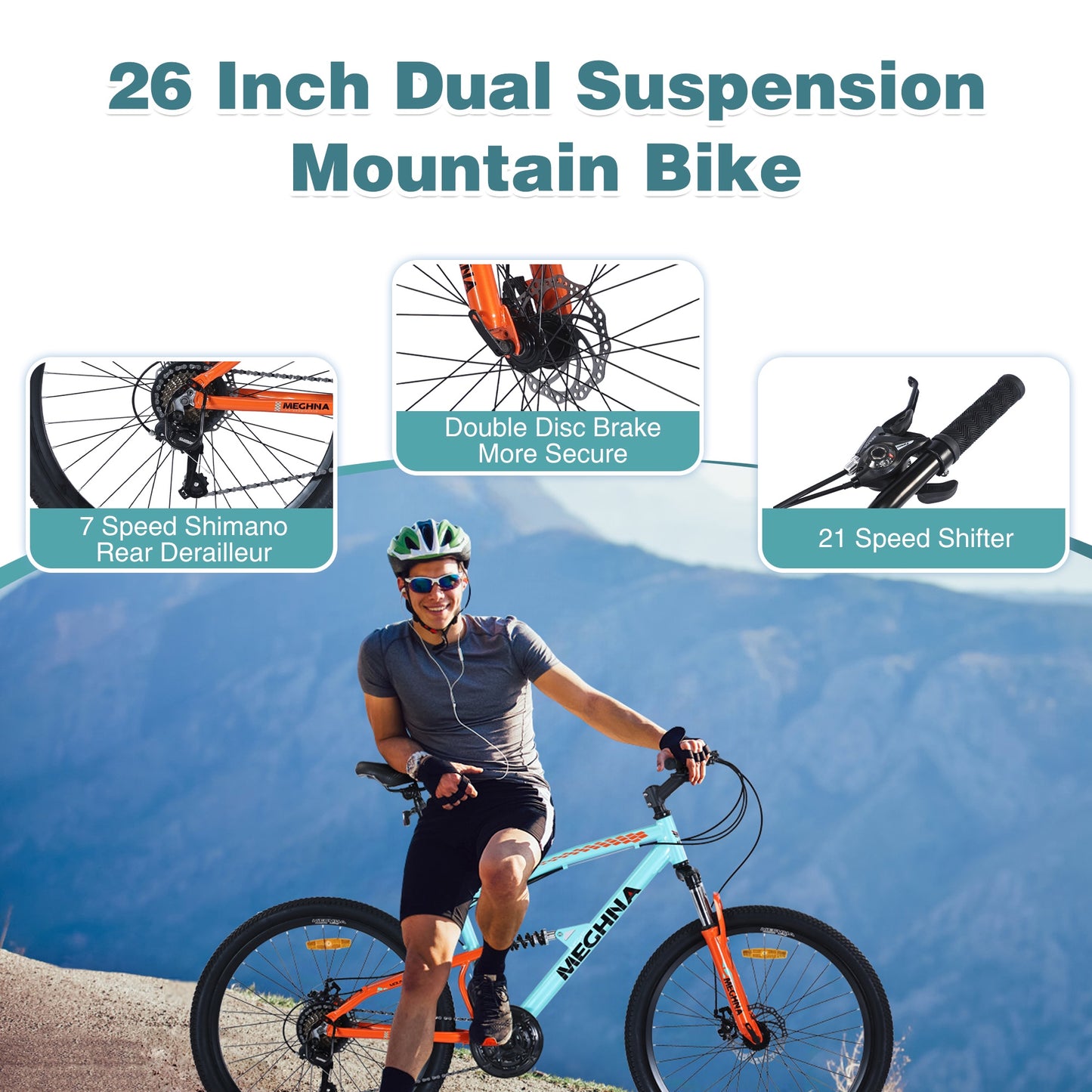 26 inch Mountain Bikes for Adults, 21 Speed Mountain Bicycle w/ Dual Suspension, Commute Bike w/ Disc Brakes, City Bike, Street Bicycles for Mens Womens, Aluminum Alloy Frame, 85% assembled