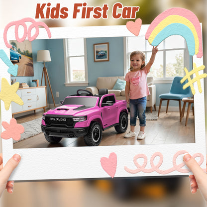 iYofe Ram Ride on Car Toys, 12V RAM 1500 Battery Powered Ride on Toy Truck with Remote Control, Electric Car for Kids Girls 3-5 w/ Bluetooth, Rear Storage Trunk, Safety Belt, 4 Wheelers