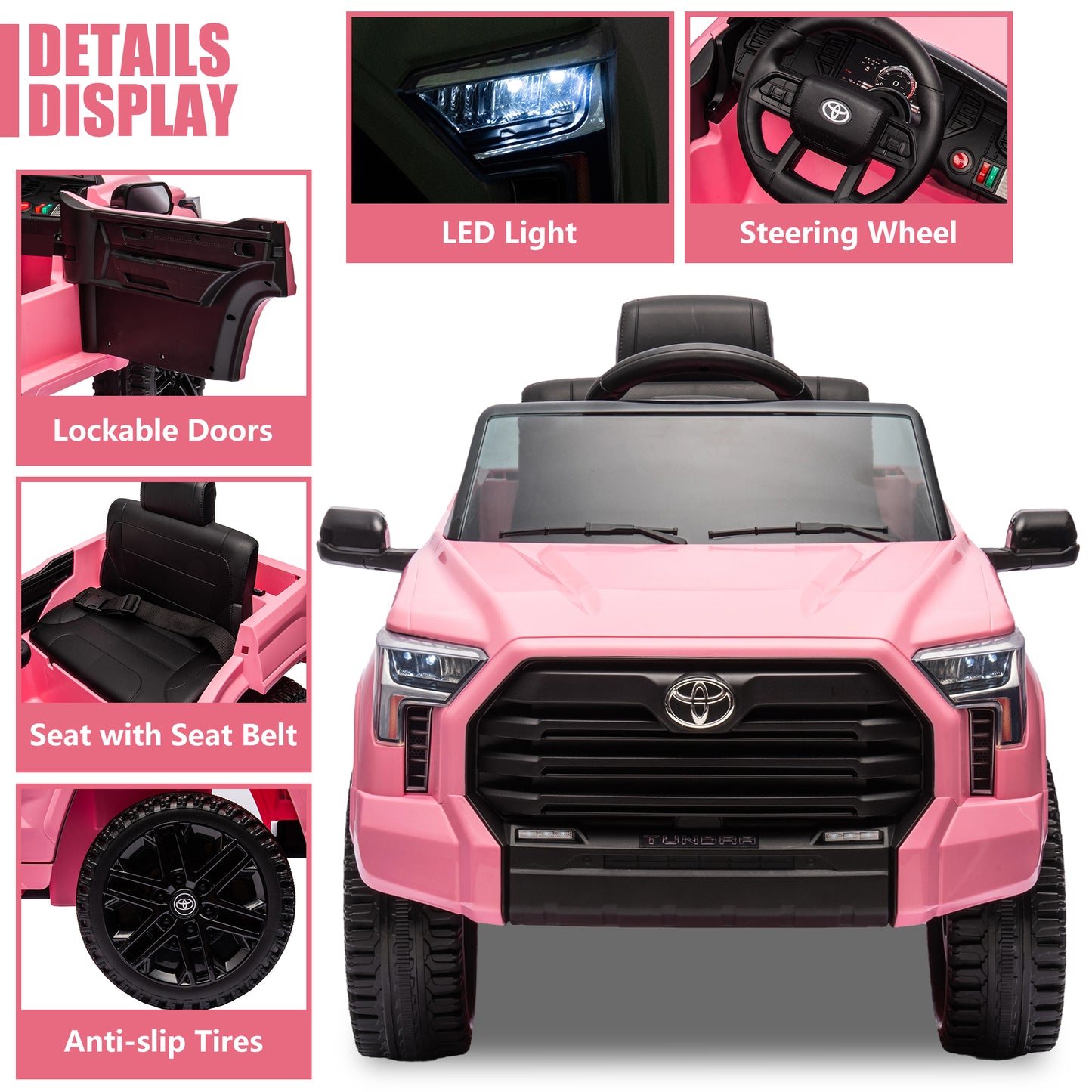 Toyota Tundra Pickup 12V 4.5A Ride On Cars for Kids, Ride On Toys with Remote Control, Battery Powered Kids Electric Vehicles with Bluetooth Music, USB, Electric Cars for Kids Boys Girls Gifts, Pink