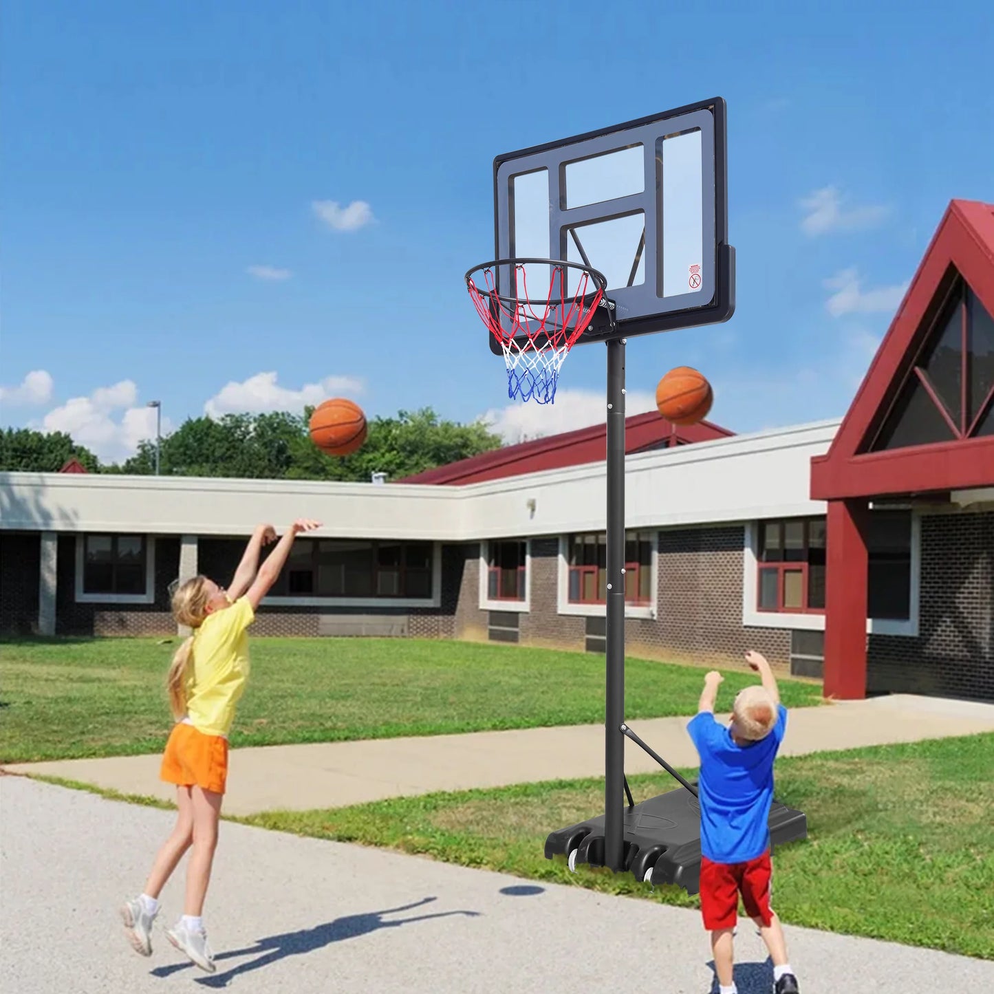 Outdoor Basketball Hoop Stand, Sesslife 4.9ft-10ft Height Adjustable Portable Basketball System w/Wheels & 43 Inch Shatterproof Backboard for Court Backyard, Black&Clear