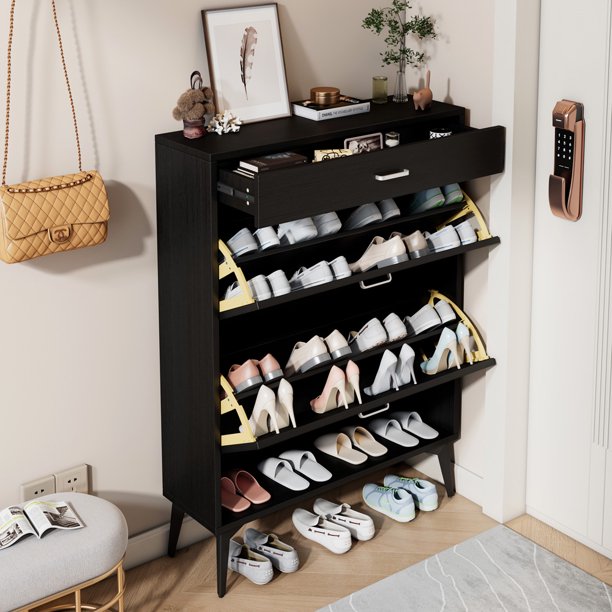 iYofe Shoe Cabinet with 2 Flip-Drawers, Narrow Shoe Rack with a Drawer, Modern Space-Saving Shoe Organiazer for Entryway Hallway, Black