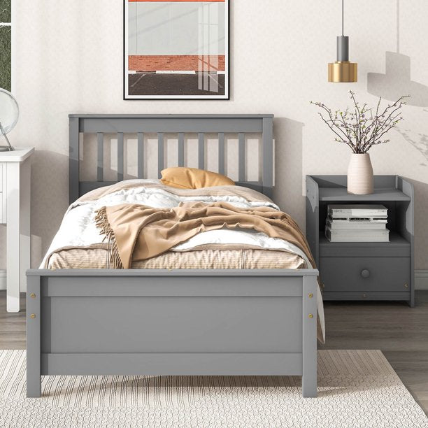 iYofe Pine Wood Bed Frame Bedroom Furniture Set, Twin Platform Bed with a Storage Nightstand, Gray Bed Frame Twin Size for Boys Girls Teens Adults, No Box Spring Needed