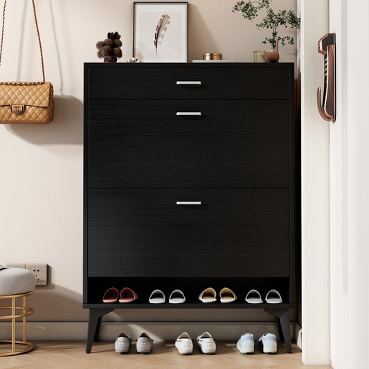 iYofe Shoe Cabinet with 2 Flip-Drawers, Narrow Shoe Rack with a Drawer, Modern Space-Saving Shoe Organiazer for Entryway Hallway, Black