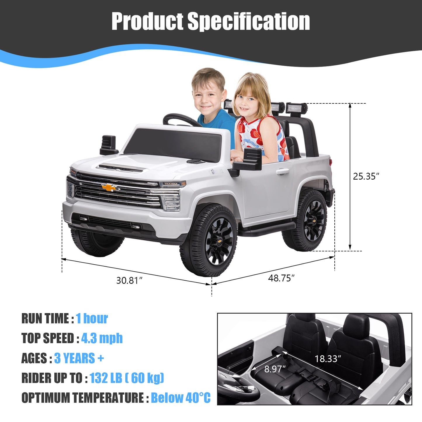 iYofe SILVERADO 12V Battery Powered Car Toy for Girls Boys, Kids Ride on Car for 3 4 5 Yrs with 2 Seats, Remote Control, LED Lights, MP3, Seat Belt, Electric Truck for Kids Birthday Gift, Black