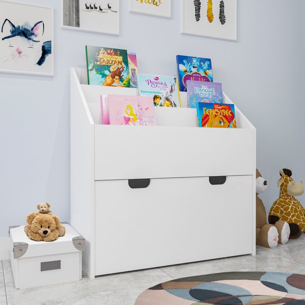 iYofe Book Shelf Organizer and Toy Storage Cabinet for Kids, Modern Wood Bookshelf with Drawer and 4 Wheels, Storage Box and Books Display for Kid's Room Living Room Nursery, White