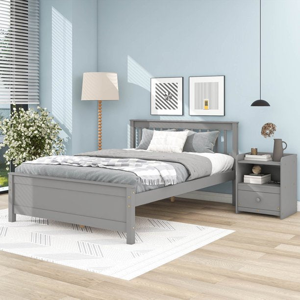 iYofe Pine Wood Bed Frame Bedroom Furniture Set, Twin Platform Bed with a Storage Nightstand, Gray Bed Frame Twin Size for Boys Girls Teens Adults, No Box Spring Needed